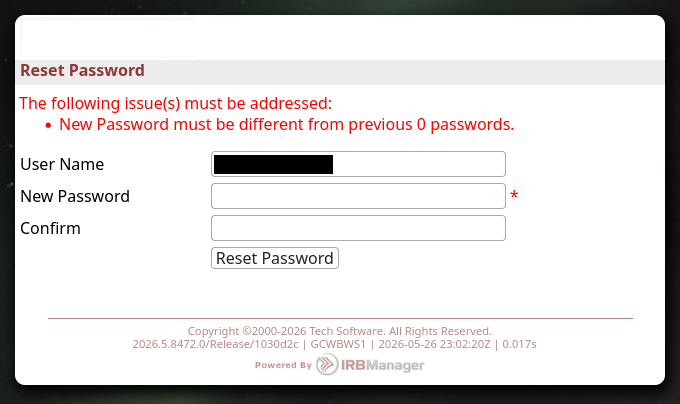 Reset password screen. Form has been completed once and rejected with a red lettered response. "The following issues must be addressed: New password must be different from previous 0 passwords."