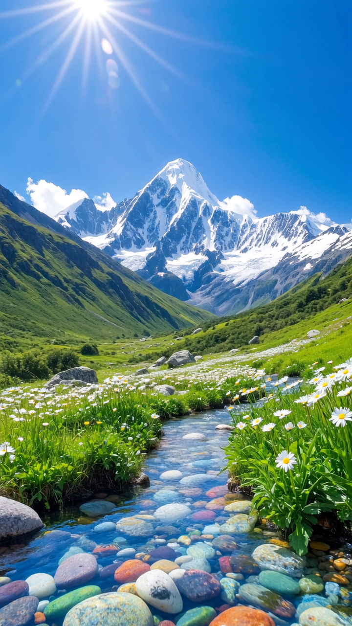 A shallow mountain stream flowing through a valley floor, with snow-capped peaks in the distance under a deep blue sky. The creek bed contains multicolored rounded stones in blues, oranges, greens, and grays visible through the clear water. White daisy flowers bloom densely along both banks among bright green grasses and vegetation that extends up the sloping valley sides. A prominent triangular peak covered in snow and ice rises in the background, flanked by additional snow-covered ridges. Brilliant sunlight streams from the upper left corner of the frame, creating lens flares and illuminating the rolling green hillsides. 