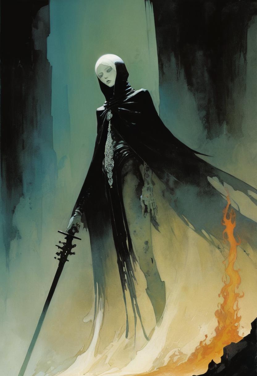 A haunting spectral figure wearing flowing black robes like liquid shadow, wearing a pale white mask that conceals their face entirely, stands with their head tilted slightly downward looking at the viewer. In one hand, they grip an ornate sword with the blade pointing toward the ground. The background transitions from cool turquoise, black, and teal tones in the upper portions to warm amber and orange hues of a fire below. Atmospheric effects suggest mist swirling around the figure's base, while the stone walls frame the scene with weathered, organic textures.