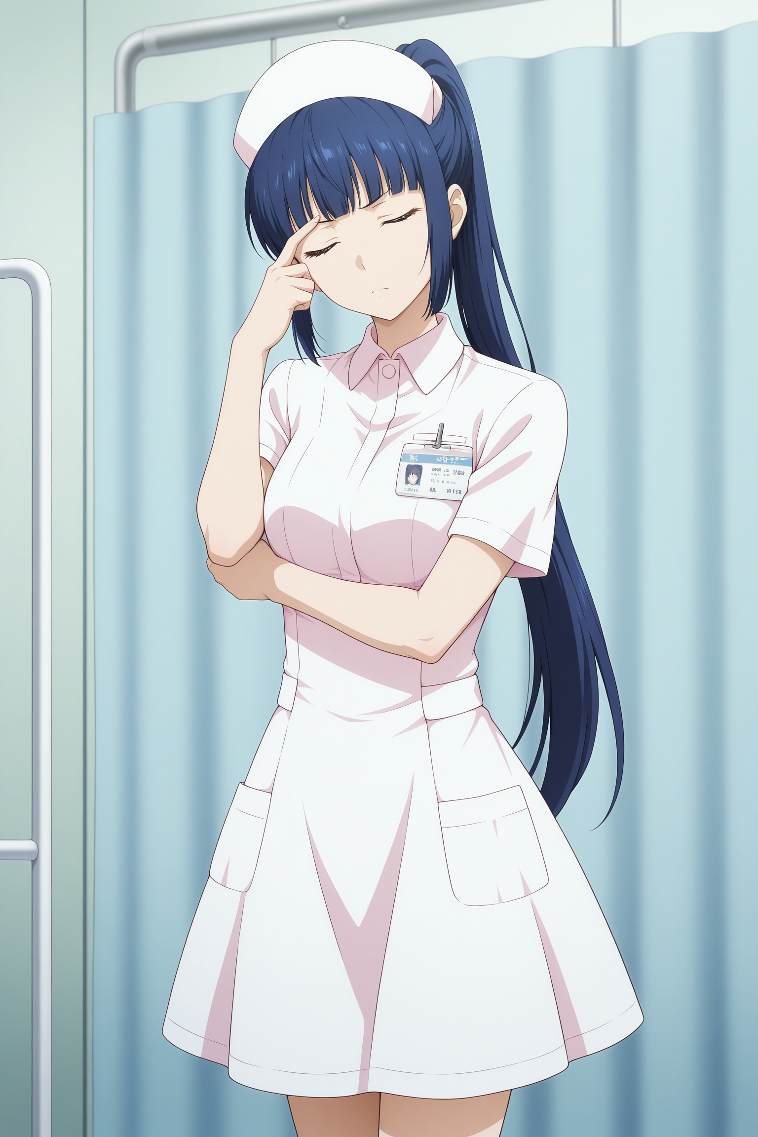 A young woman with closed eyes and long navy blue hair tied in a high ponytail with a pensive facial expression, standing with her right index finger pressed against her forehead and her left arm crossed beneath her chest. She is wearing a pale pink short-sleeved nurse uniform with a matching nurse cap, and a name badge pinned to the chest. She is in a medical room interior, positioned in front of a light blue privacy curtain.