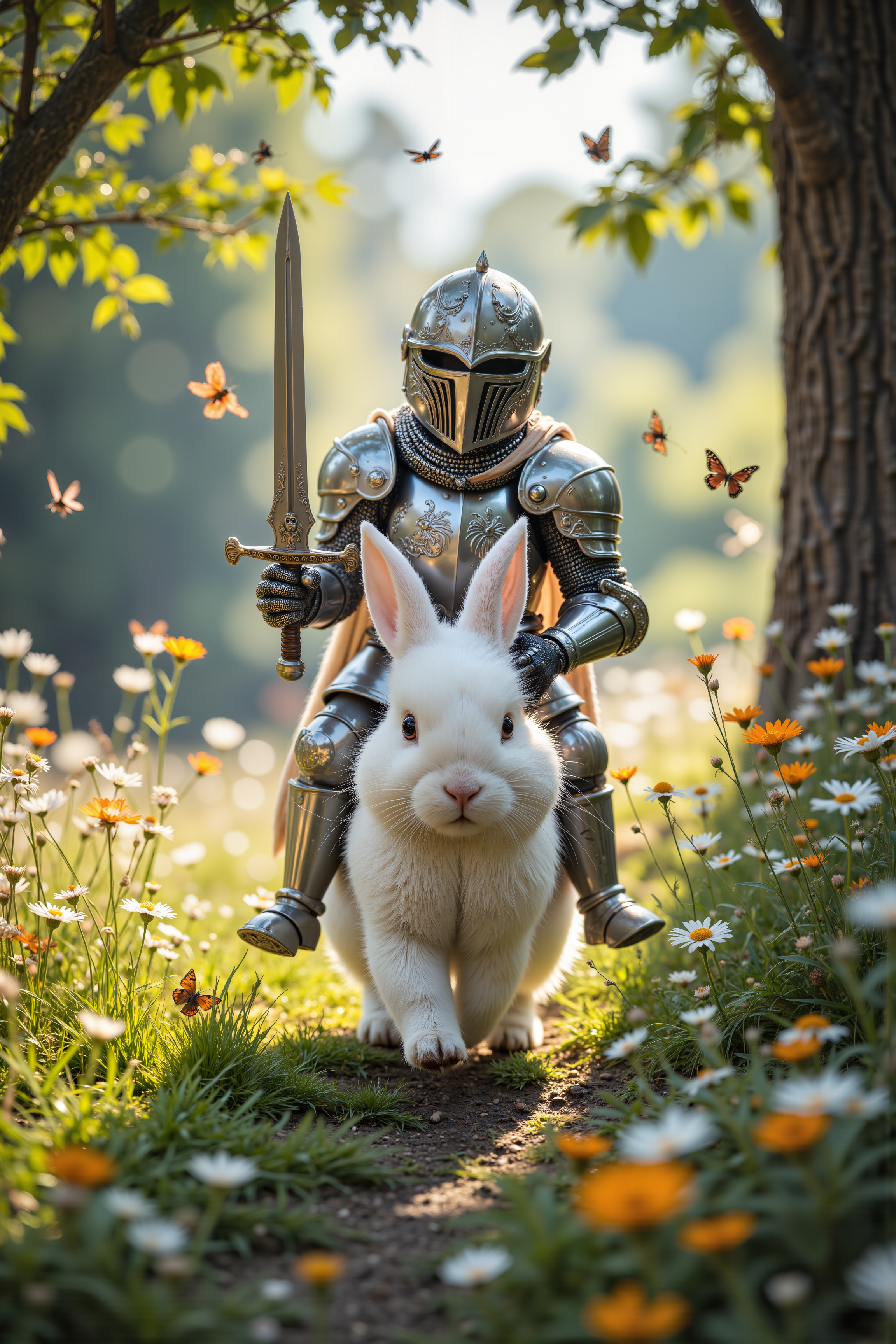 A white rabbit with a figure clad in full medieval knight armor holding a sword, riding on top of it. The setting is within a forest with tall trees and an abundance of wildflowers around them, with several butterflies fluttering near and around the armored figure and rabbit.