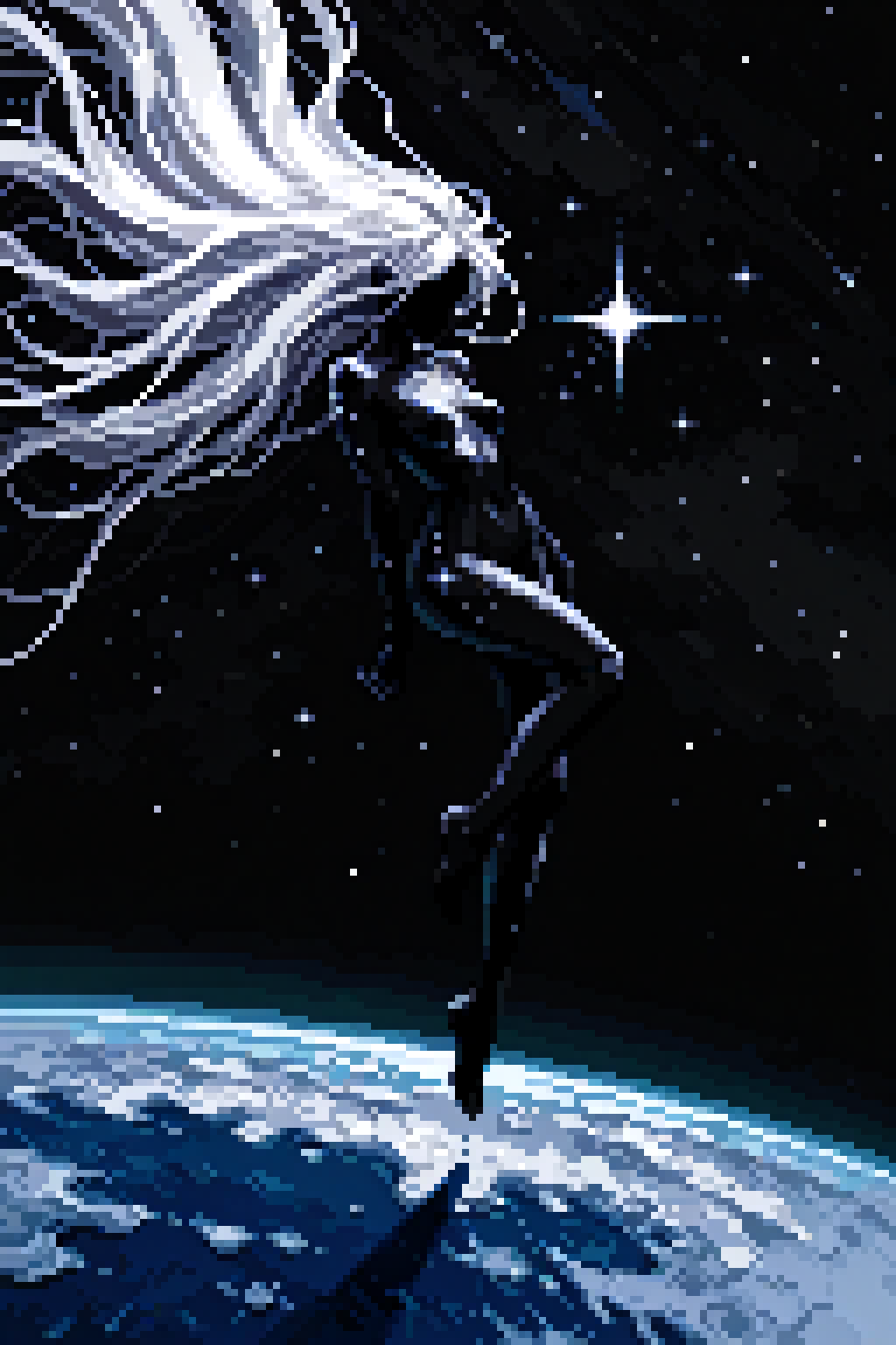 A pixel art composition of a humanoid figure with long white hair suspended above a blue planet, arms relaxed, and one leg slightly bent. The subject is rendered with black, blue, and white tones suggesting metallic sheen, casting a long shadow across the planet. Below, the planet’s surface shows cloud formations above a blue surface. A bright star near the figure’s head shines brightly, standing out against the densely star-filled sky.