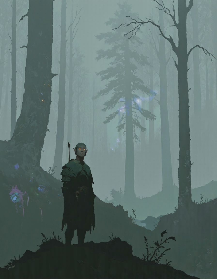 A figure with dark green armor and glowing orange eyes standing on a rocky outcrop in a misty forest with towering trees in the distance. Soft, diffused lighting creates a hazy atmosphere throughout the scene, with ethereal blue and purple glowing elements scattered among the trees and forest floor. 