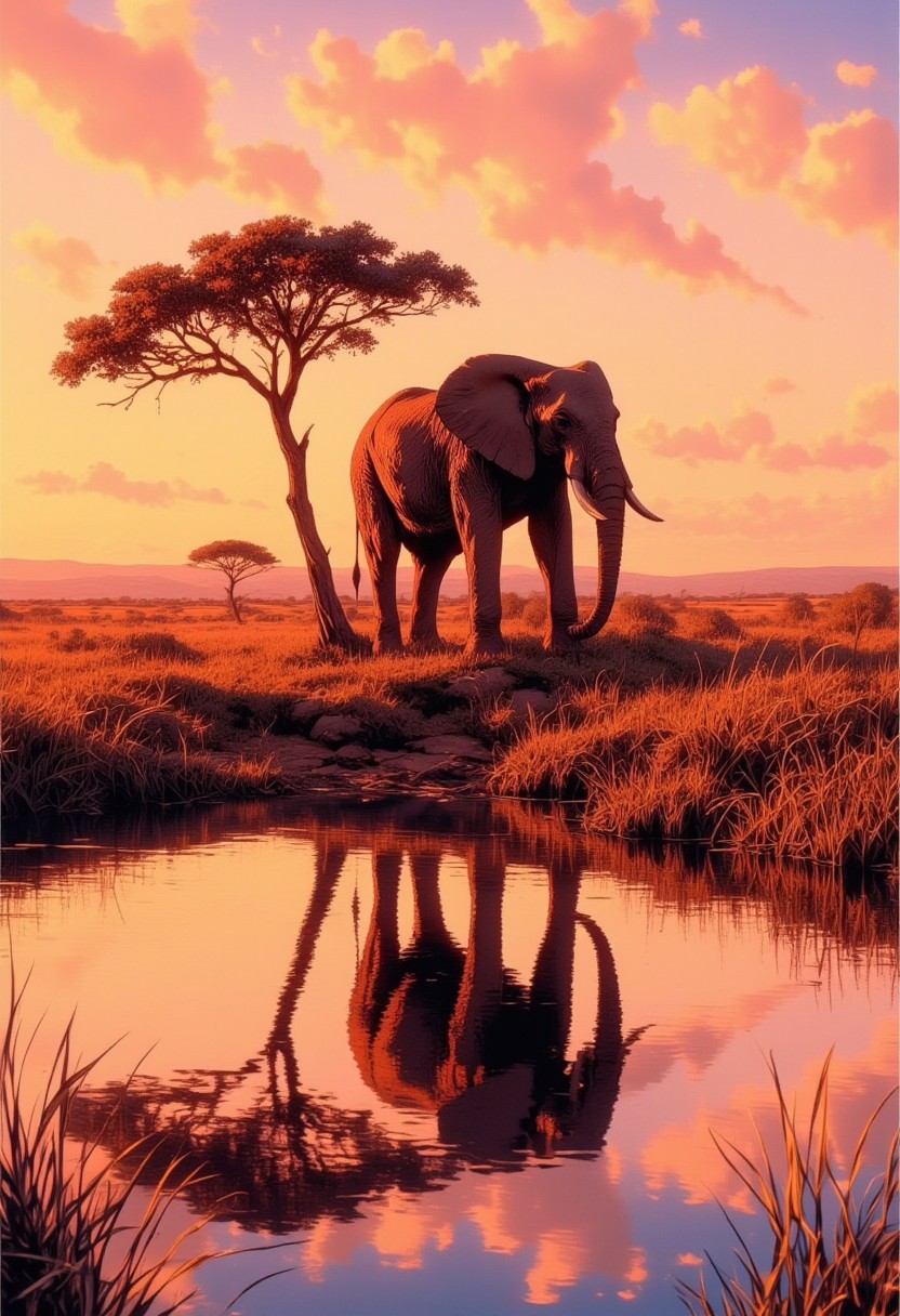 A scene of an elephant standing near a body of water during sunset. The elephant is positioned next to a tall, solitary tree, with its reflection clearly visible in the calm water below. The sky is filled with warm hues of orange and pink. The savanna, with grassy terrain and distant trees, seems tranquil and picturesque, capturing the beauty of nature.