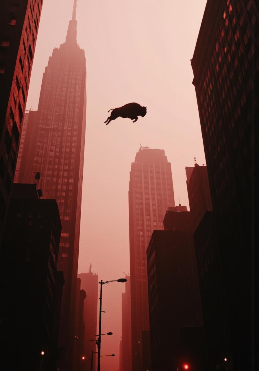 A wide shot of a large buffalo in midair, jumping between tall skyscrapers. The scene is viewed from street level, looking upward through a canyon of buildings, lit in warm reddish-pink tones, creating a monochromatic color scheme. 