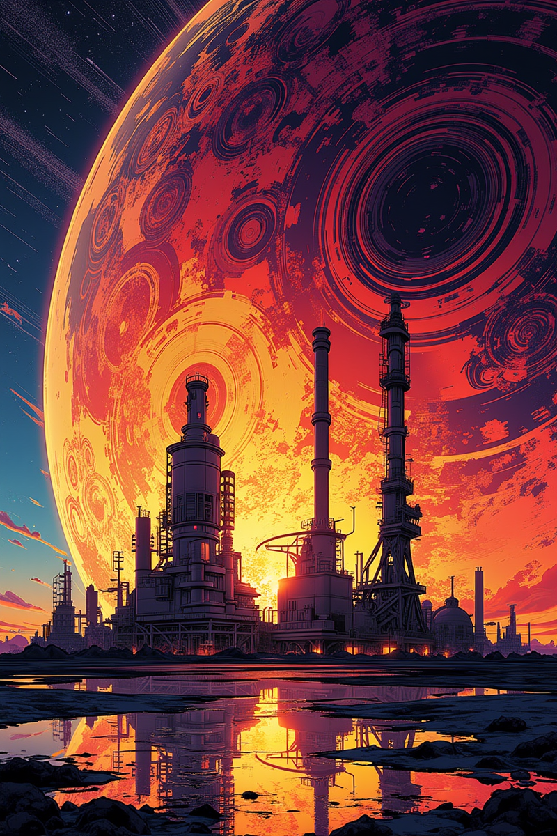 A sci-fi industrial complex silhouetted against a massive red-orange planet or moon decorated with circular patterns resembling mechanical gears or technological imprints. The celestial body glows in gradient shades from deep purple to bright yellow-orange, casting its warm light across the scene. In the foreground, puddles on parched earth mirror both the industrial structures and the enormous planetary body.