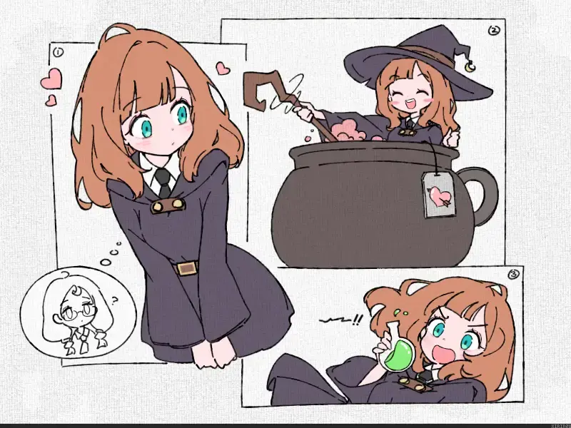 Art showing a witch daydreaming about her crush, going on to make in a cauldron and being surprised by the results.