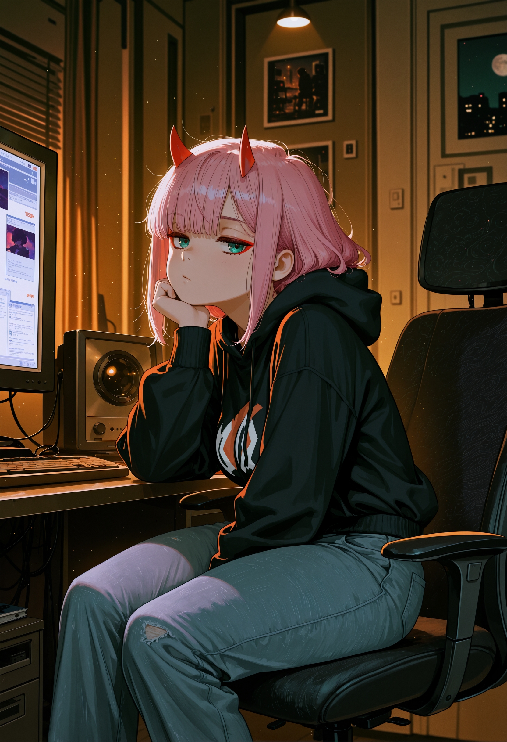 A young woman with teal eyes, pink hair and a pair of small red horns. She is wearing a black oversized hoodie with design elements in white and orange, paired with light-colored distressed jeans. She is seated in a black office chair at a desk, resting her chin on their right hand, and looking towards the viewer in a dimly lit room with computer and audio equipment.