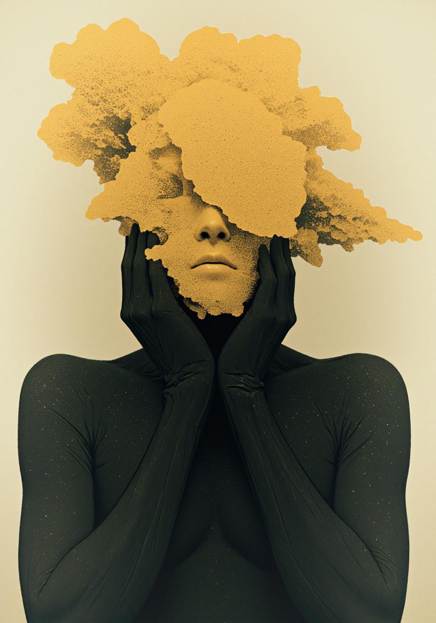 A figure in a dark long-sleeved garment with both hands raised to frame their face, where their head is made of a yellow sponge material with a granular, stippled texture. The person's nose and mouth remain visible in the sponge mass, while their eyes and forehead are completely obscured by the billowing formation. 