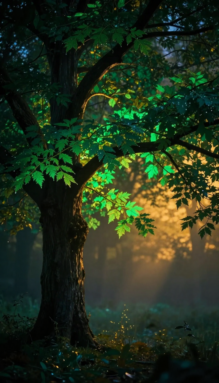A serene forest scene with a prominent tree in the foreground with richly textured bark and lush green leaves, some illuminated by soft golden sunlight filtering through the canopy. The background reveals more trees, partially veiled in mist and light rays, and a forest floor carpeted with grass and small plants, while tiny glowing specks resembling fireflies float gently in the air. 
