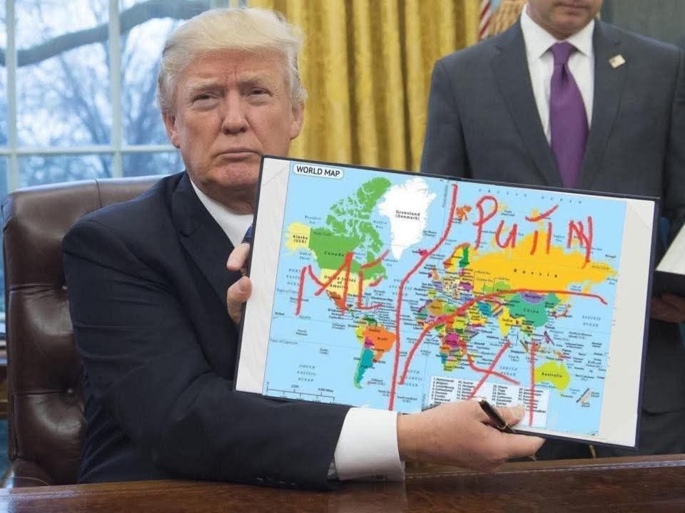 Doctored photo of Donald Trump holding up a map of the world, where he has drawn lines separating the world: on the Western Hemisphere part he has scribbled "Me"; on Eurasia and North Africa he has scribbled "Putin"; on South Asia, Africa and Oceania he has scribbled "Xi".