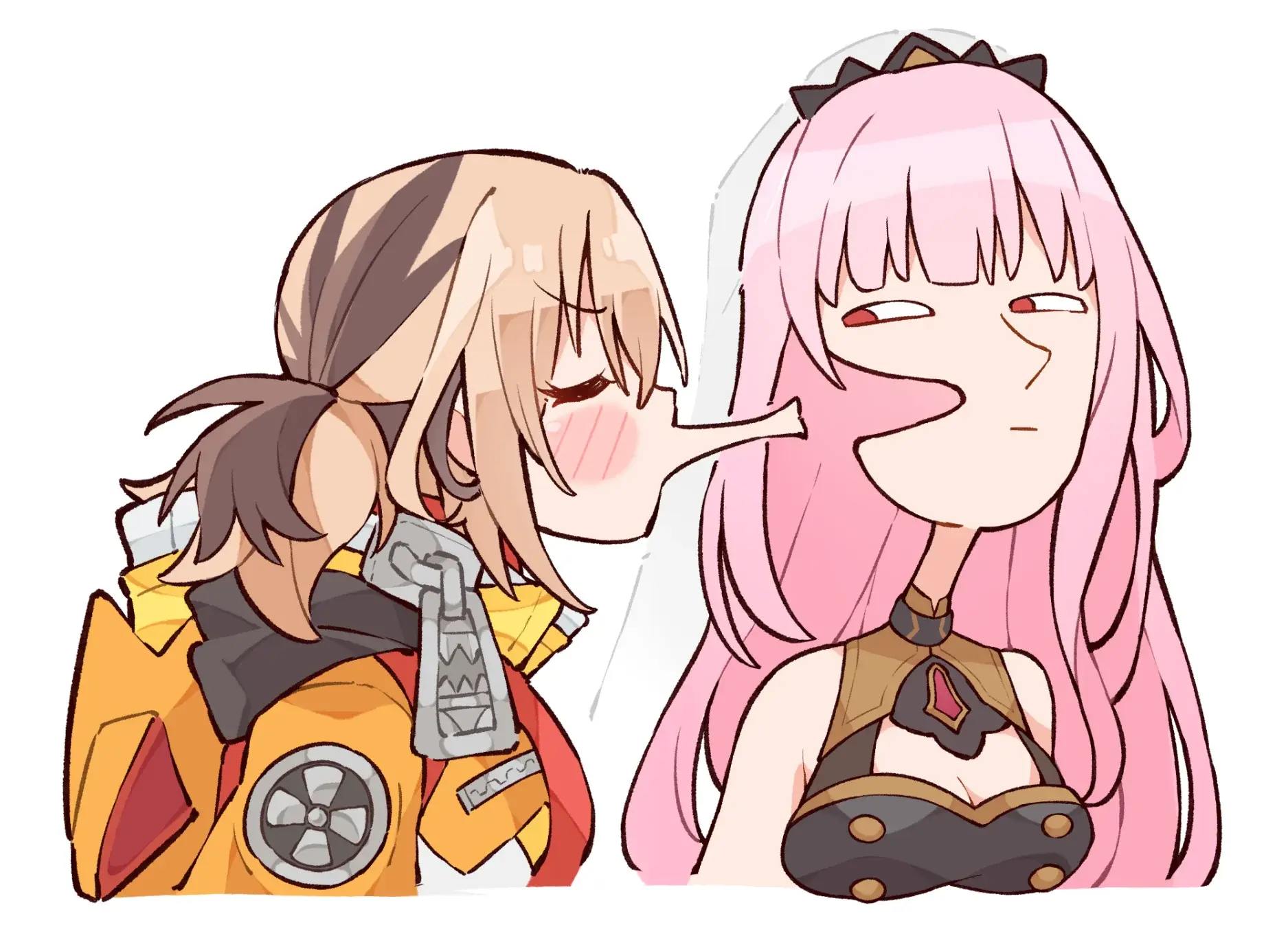 Gigi Murin attempting to kiss Mori Calliope's cheek. Her lips extend from her face like a cartoon, while Calli's cheek is similarly repels inwards in a cartoonish away from Gigi's lips.