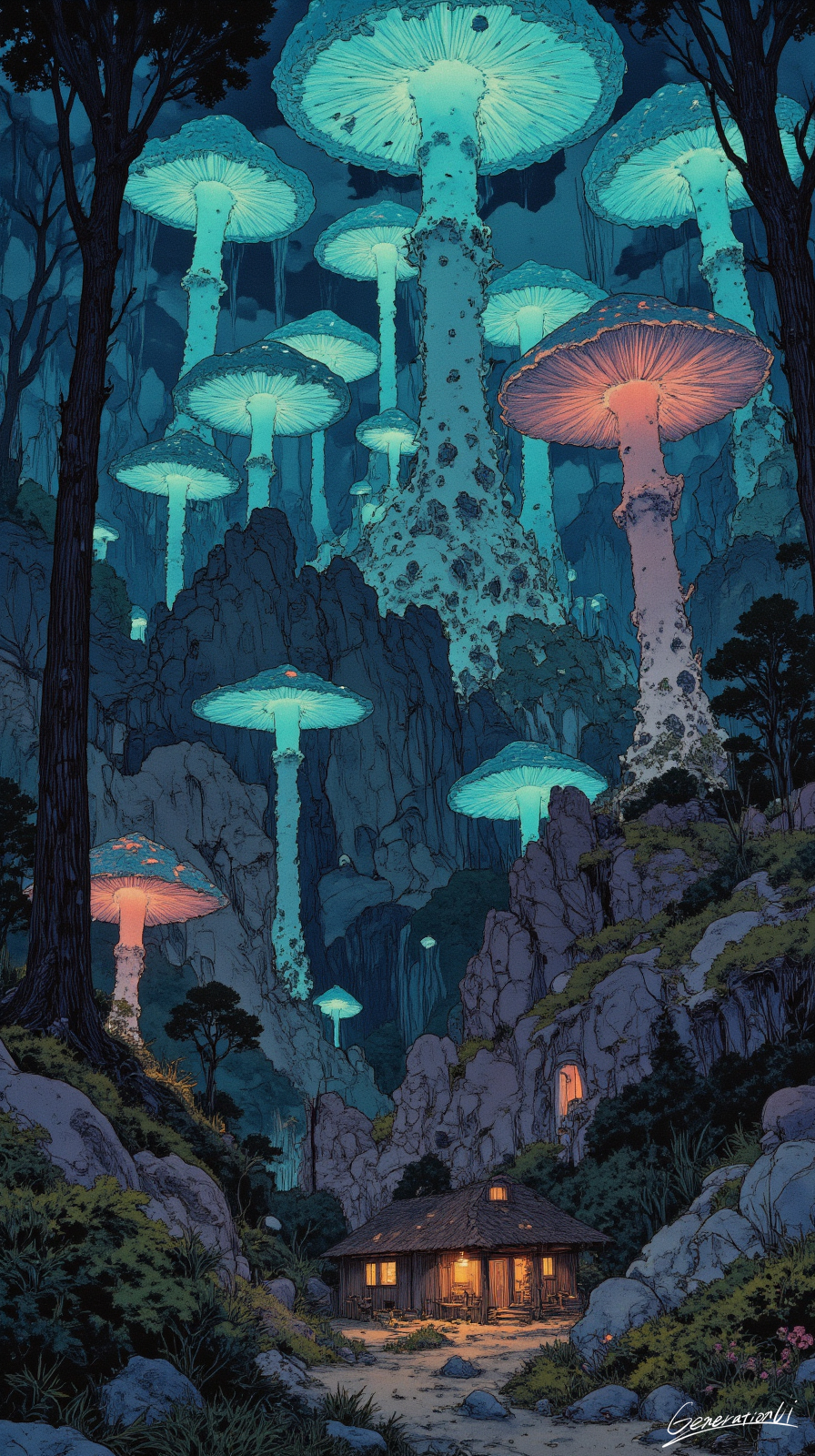 A Low-angle shot depicting a small wooden cabin with illuminated windows nestled among rocky outcroppings, moss-covered boulders, and patches of vegetation in the foreground. Towering above the dwelling, massive mushrooms with radiating gill patterns dominate the scene, glowing in luminous turquoise-cyan and orange tones with spotted caps. Dark tree silhouettes frame the composition on both sides, their trunks and branches creating vertical elements against the deep teal-blue forest atmosphere. 