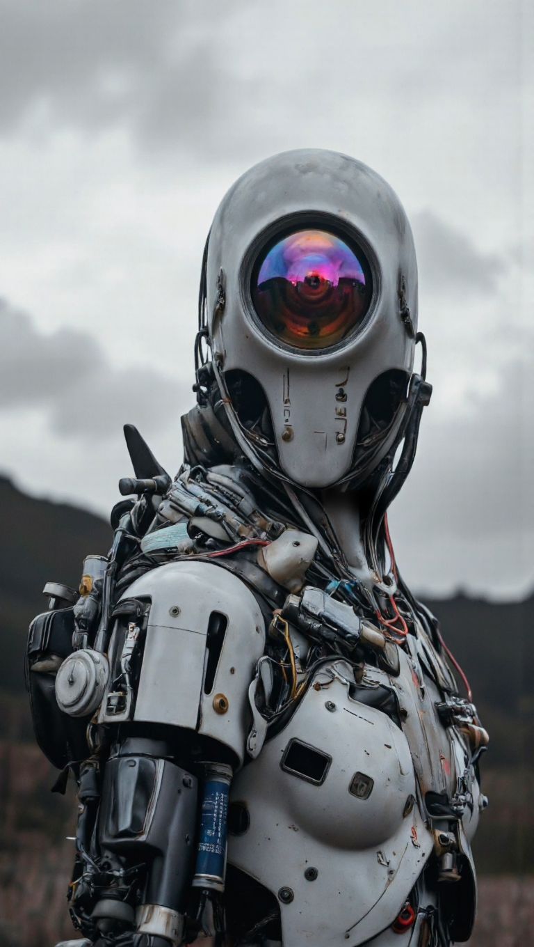 A futuristic robotic figure standing stationary against an overcast sky. The robot features a distinctive oval-shaped head with a large, prominent circular lens or visor that displays rainbow-colored reflections across its surface. Its mechanical body is constructed from white and gray metal plating with numerous exposed wires, cables, and components running across the torso and arms. The lighting is natural but diffused through heavy cloud cover, creating a gray, overcast atmosphere that casts soft shadows across the blurred mountainous landscape visible in the distance.