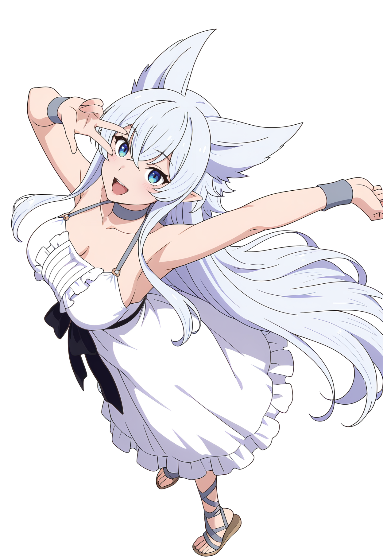 A cheerful woman with long white hair, blue eyes, and large white wolf ears. She strikes an energetic pose against a plain white background, leaning dynamically with arms outstretched. Her right hand forms a peace sign near her eye, and she beams with a wide, happy smile. She is wearing a simple white sundress featuring a ruffled bodice and a dark sash, paired with sandals, a gray choker, and a matching wristband. 