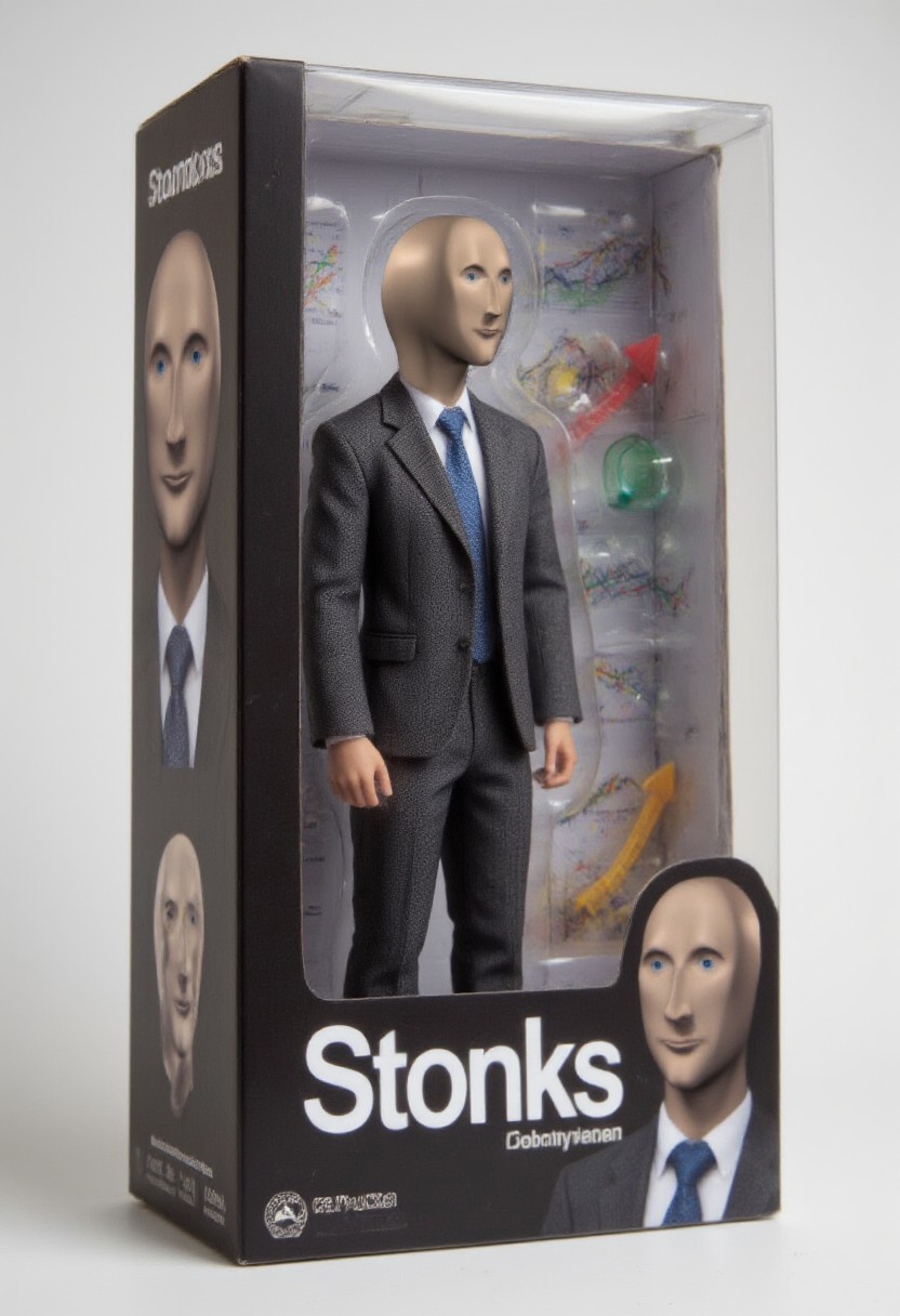 A boxed action figure dressed in a gray business suit with a white shirt and blue tie. The packaging includes various accessories, such as arrows and charts, which are visible in the background. The box features the word "Stonks" prominently at the bottom, along with an image of the figure's face on the side, a recognizable character in financial memes.