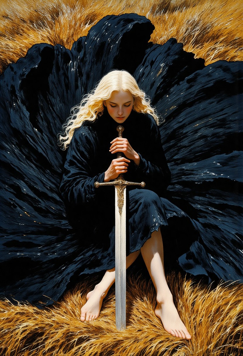 A woman seated in golden, wind‑bent grass while wearing a dark, wide, black dress that is spread outward in a circular shape. She holds a large ornate sword vertically with both hands, its tip resting on the ground between their bare feet. 