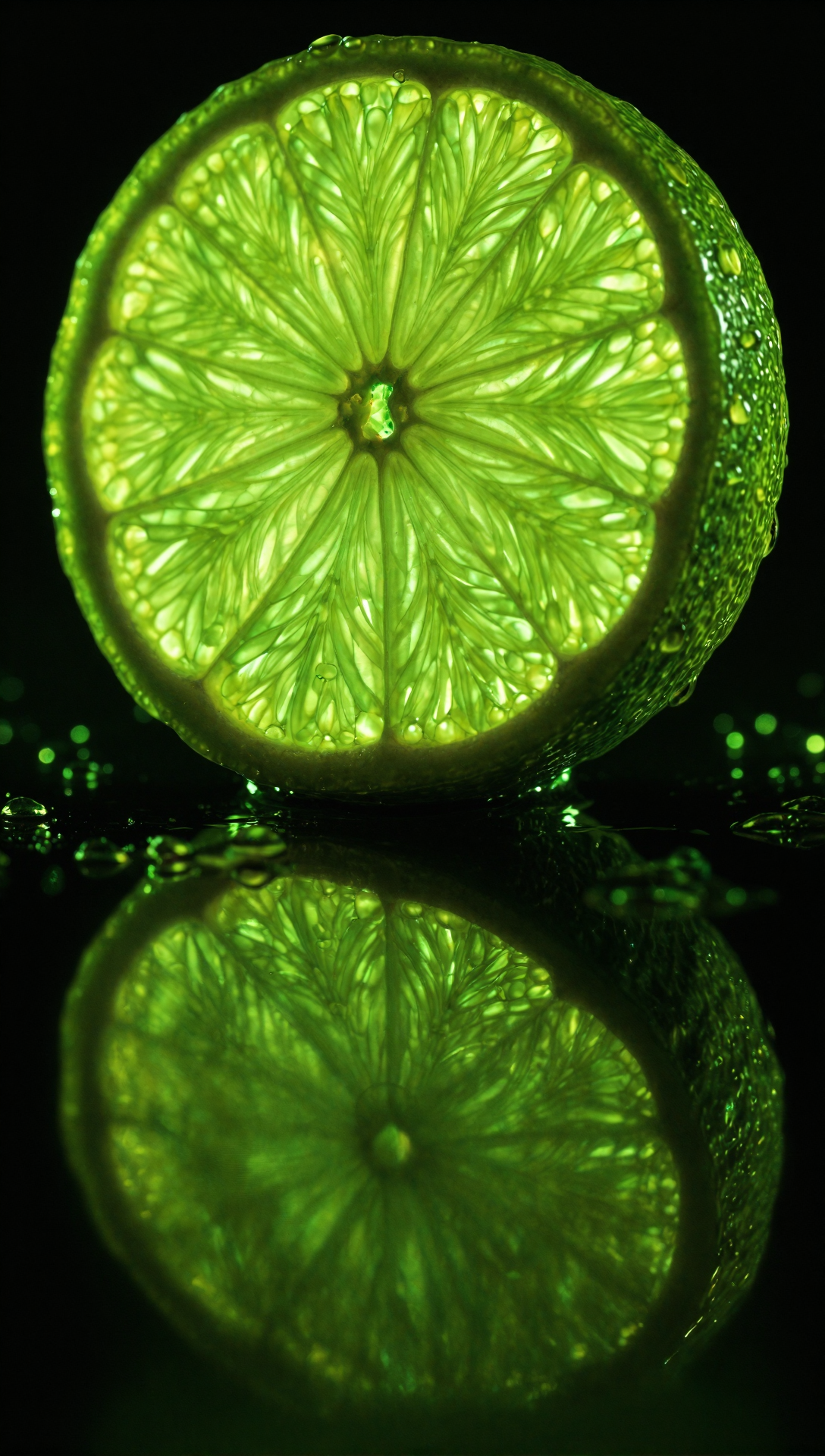 A backlit lime slice resting on a reflective surface. The internal segments glow in vivid green, revealing fine membranes and radial structure, while droplets cling to the rind and surface. The dark background heightens the contrast, making the illuminated lime appear sharp, saturated, and almost translucent.