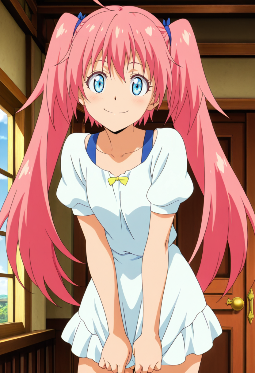 A smiling girl with bright blue eyes, and pink hair styled in long twin-tails with blue ribbons, standing leaning forward slightly with her hands tugging at the hem of her dress. She is wearing a short, white ruffled dress with a small yellow bow at the neckline and blue straps underneath. The background consists of a room illuminated by bright, natural light coming from a window on the left, a dark wooden door with a brass handle, a tan wall, and a wooden ceiling beams.