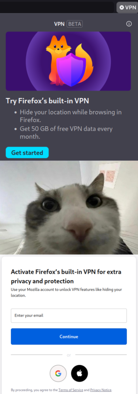 "cat looks inside" meme format, top panel screenshot of firefox free VPN beta screen with text "Hide your location while browsing in Firefox." and "Get 50 GB of free VPN data every month." and "Get started", bottom panel screenshot with subsequent signup form with text "Activate Firefox’s built-in VPN for extra privacy and protection" and "Use your Mozilla account to unlock VPN features like hiding your location." and "Enter your email"