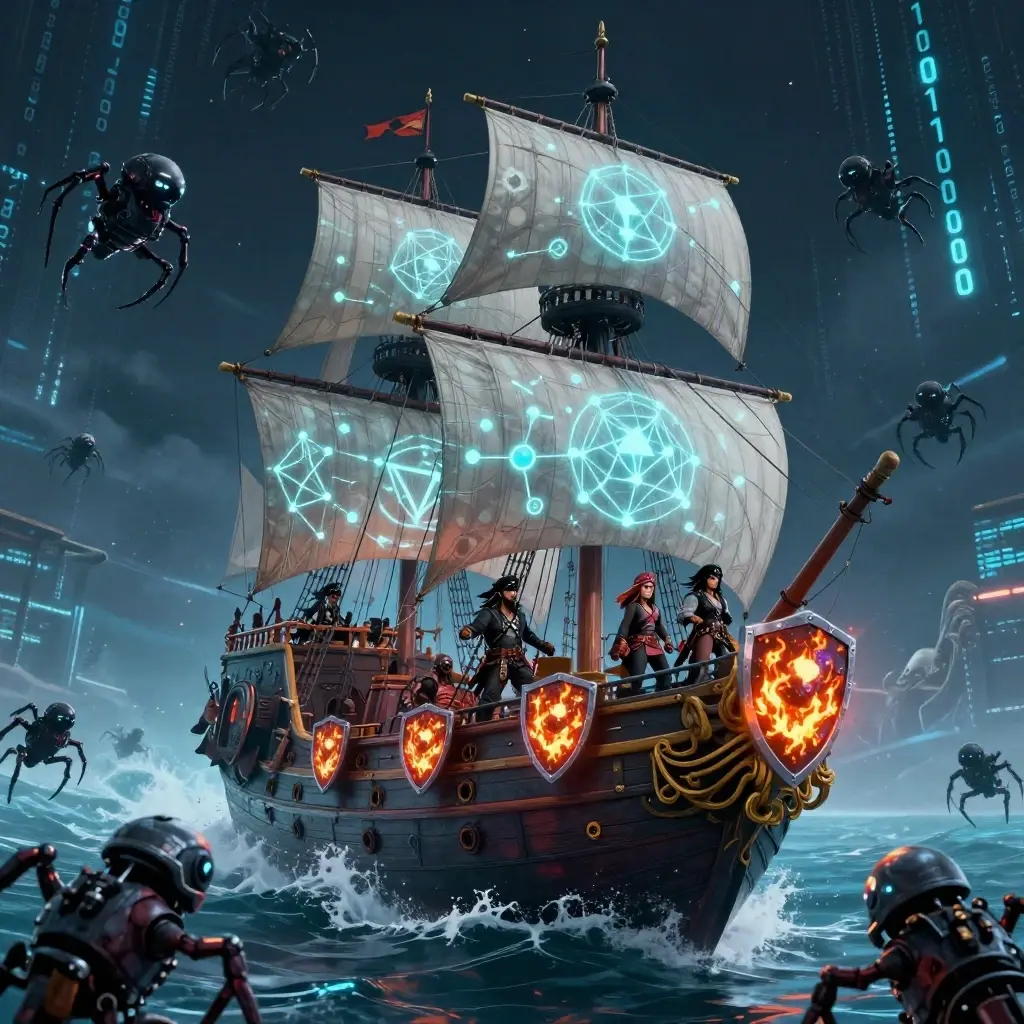 A pirate/anarhcist-themed fediverse server depicted as a massive cyberpunk galleon floating in cyberspace, its sails glowing with decentralized network symbols. The ship’s crew of quirky digital pirates and anarchists, male and female guard the deck with firewalls shaped like glowing shields, fending off swarms of sinister, mechanical scraping bots that look like spider-like machines trying to climb aboard. The background is a stormy digital ocean filled with binary waves
