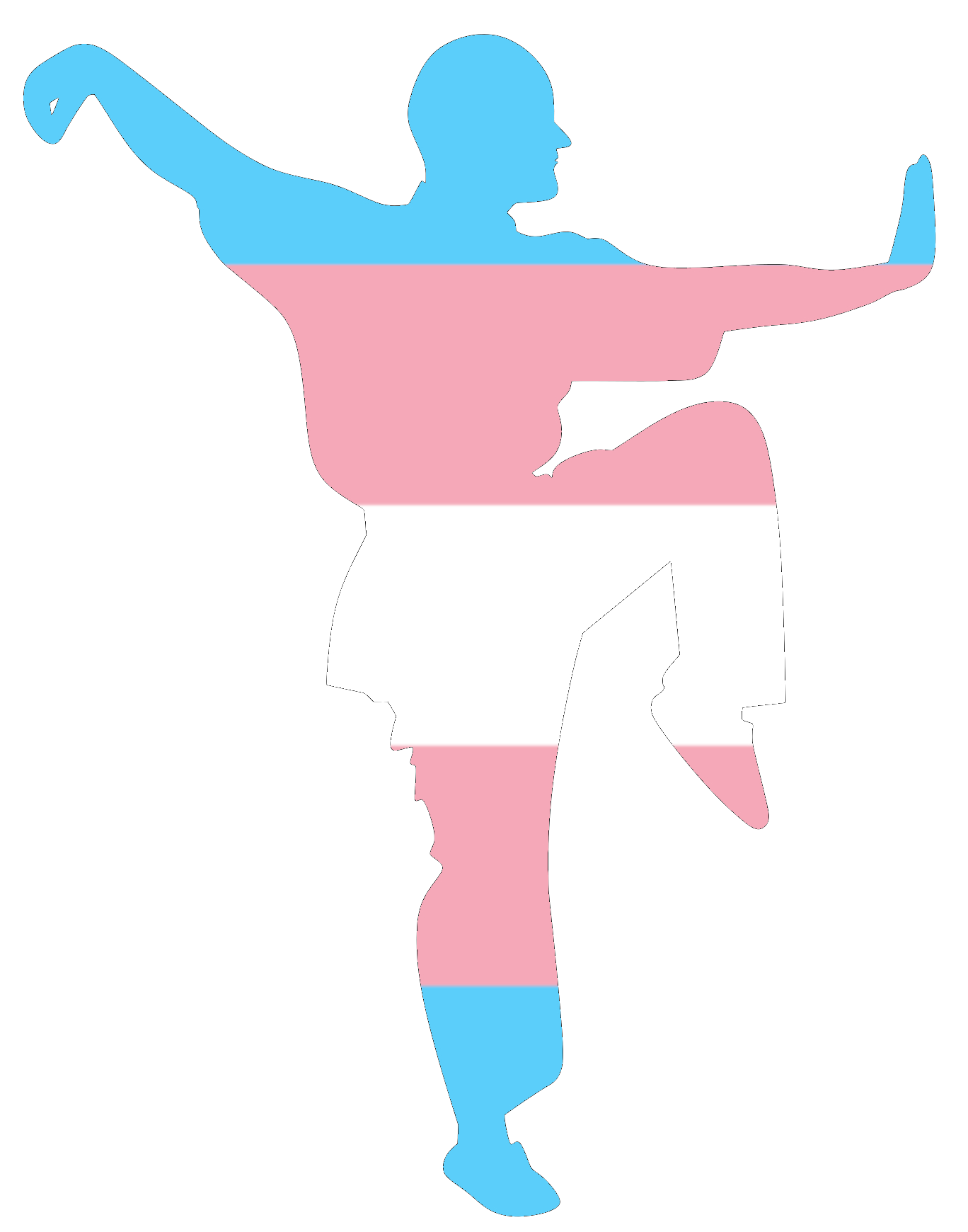 Silhouette of a person striking a pose. The silhouette is colored like the trans pride flag.