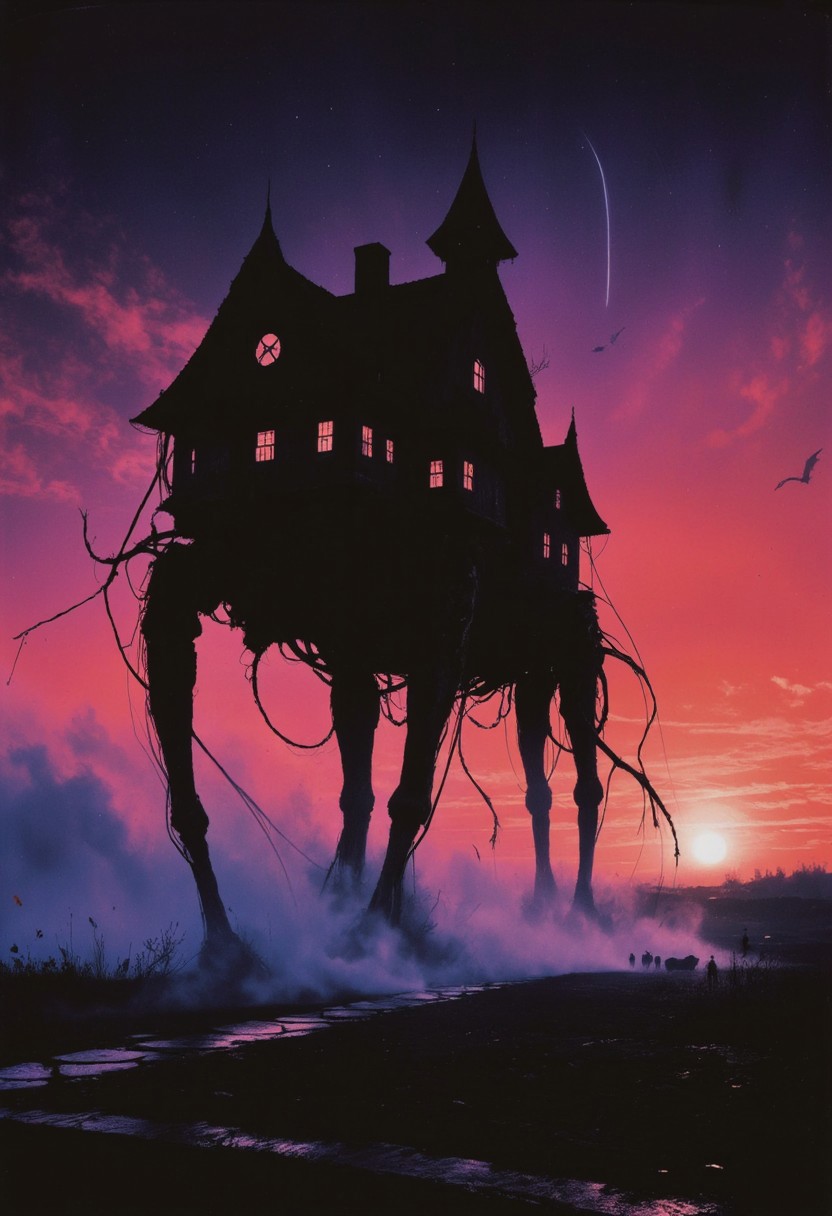 A large, eerie-looking house perched atop slender legs against a vibrant twilight sky. The house resembles a traditional haunted mansion, with multiple peaked roofs and round windows. The silhouette of the house is stark against the backdrop of the sky, which gradates from deep purple at the top to a warm orange near the horizon, where the house's legs are partially obscured by low-lying fog.