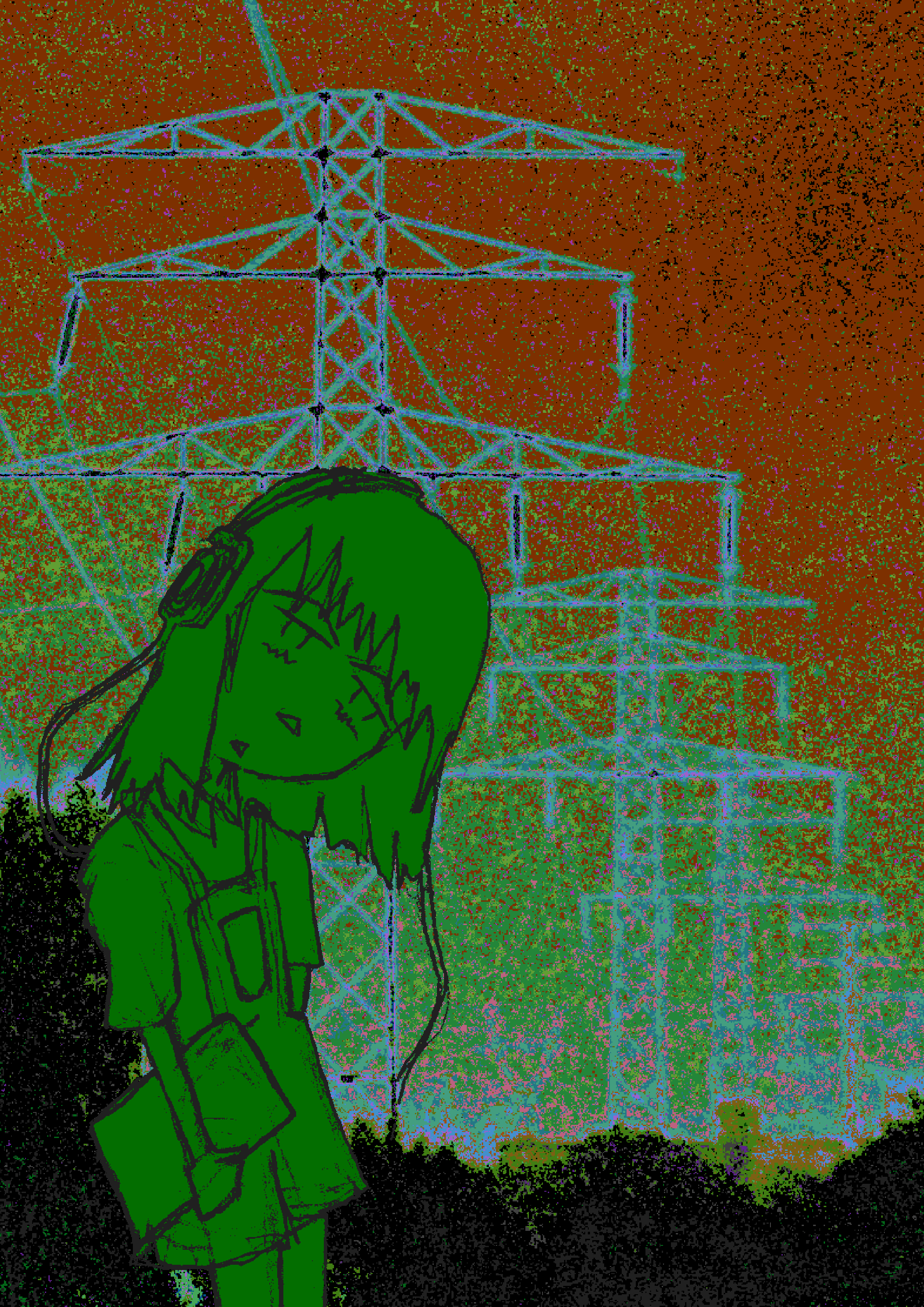 a girl with headphones and a laptop in front of a line of transmission towers; colors are all messed up