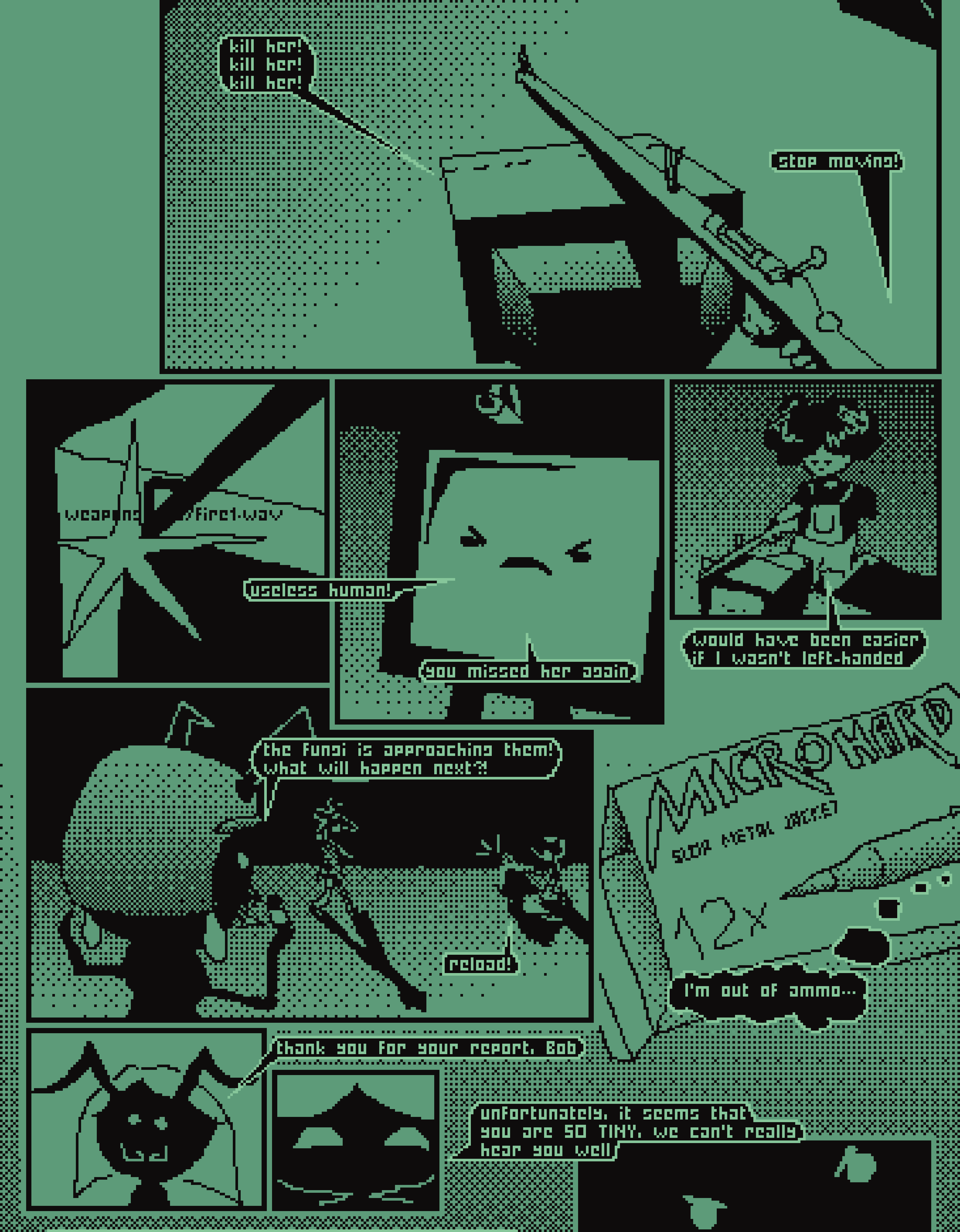 A CRT monitor and a human person fight a mushroom