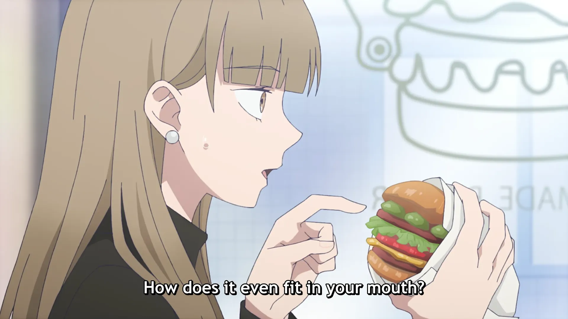 Koyuki pointing at / holding a stacked burger: "How does it even fit in your mouth?"