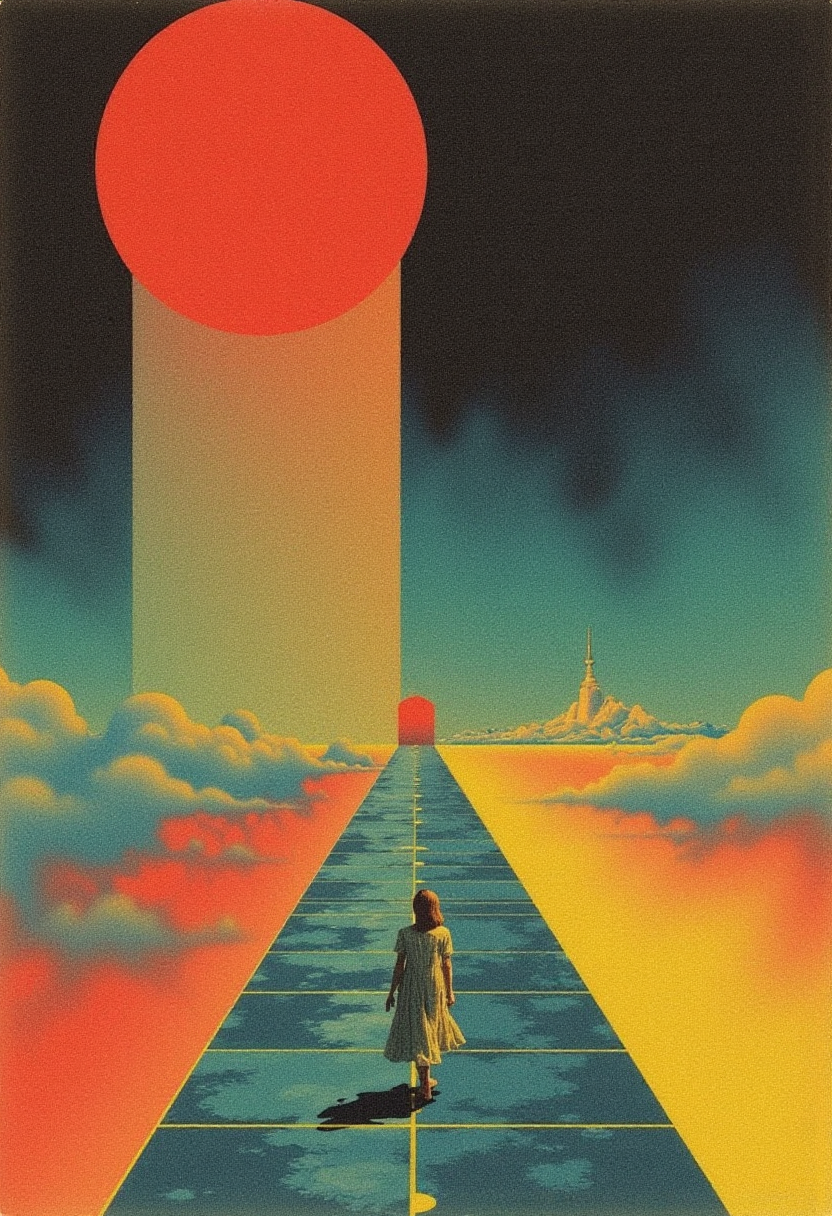 A surreal and stylized scene where a figure is standing on a long, straight pathway that leads towards a red door. Above is a large red circle, resembling the sun, set against a black sky that is connected to the horizon by a gradient rectangle transitioning from yellow to blue. The pathway is floating among the clouds over an orange and yellow gradient surface, with hints of landscape features like mountains and a city visible in the distance on the right side of the path. 