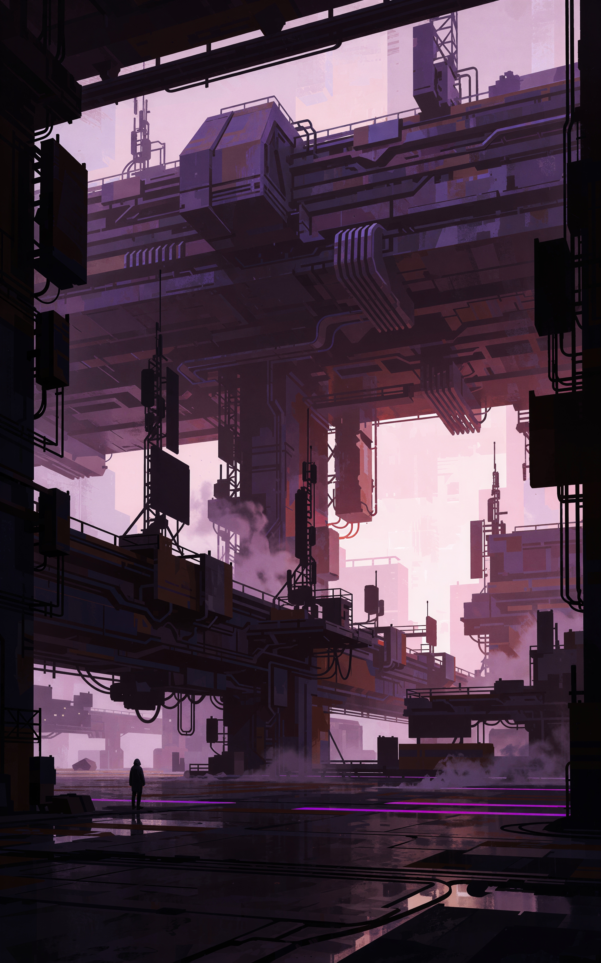 A massive futuristic industrial pace rises in layers of platforms, pipes, and machinery. Purple and pink light fills the scene as mist drifts upward. A lone silhouetted figure stands below the towering structures, emphasizing their scale.