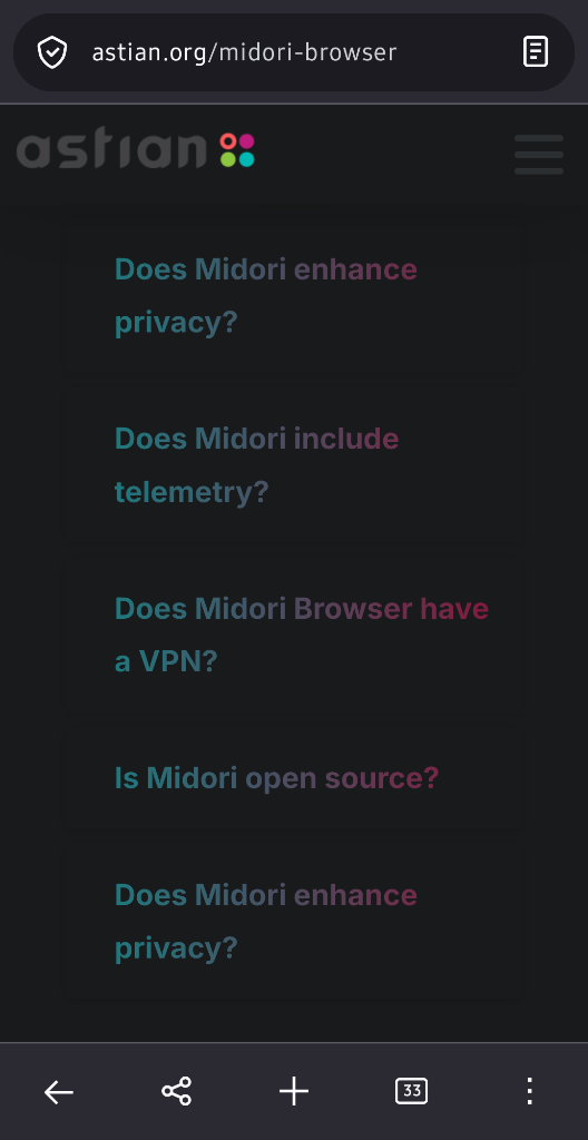 A text-only screenshot of part of the webpage https://astian.org/midori-browser/ showing a FAQ section with a duplicated question, "Does Midori enhance privacy?"