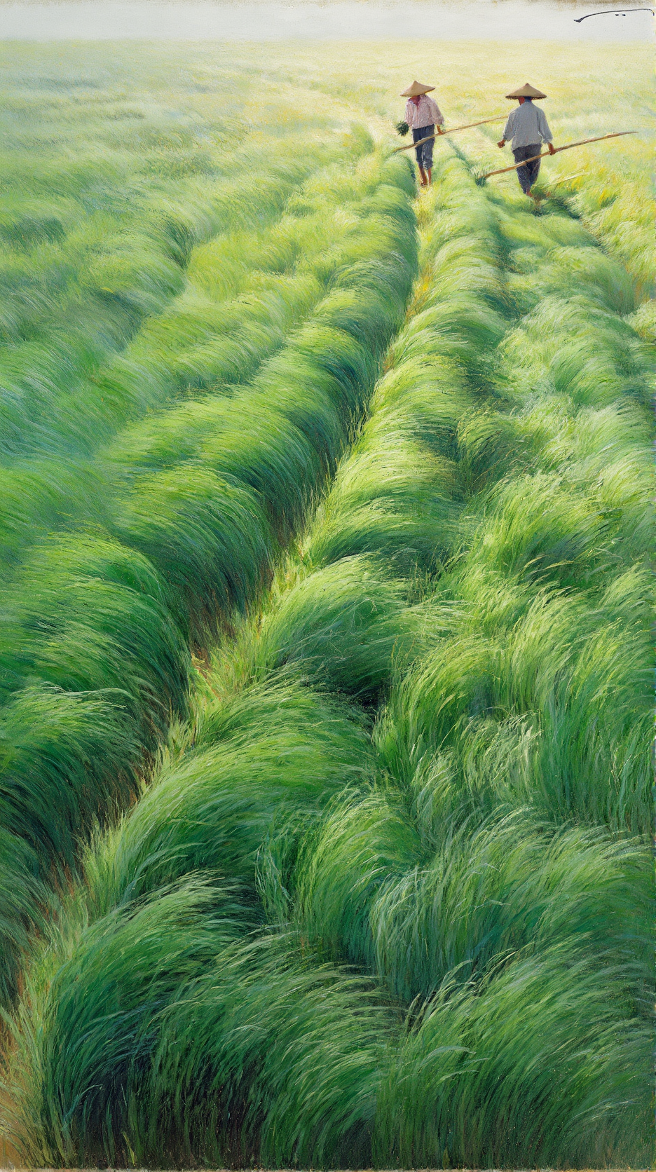 Two people wearing conical hats walking along narrow paths through tall green grass, each carrying a long tool without breaking stride. The field fills the entire frame, and the blades of grass bend, forming waves. 