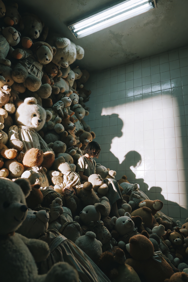 A small tiled room is packed from floor to ceiling with large teddy bears along two walls. In the center, a person in a light-colored outfit sits among them, partially lit by sunlight streaming in from an unseen window. The light creates a sharp shadow of both the person and the mound of teddy bears on the wall. 