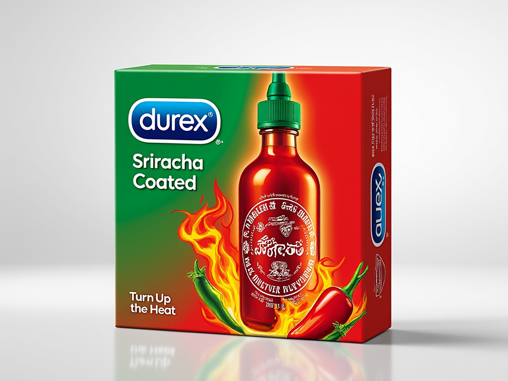 A box of Durex condoms, predominantly green and red with the top left corner featuring the Durex logo, and the text "Sriracha Coated" prominently displayed. Below the text, there's an image of a red Sriracha sauce bottle with a green cap, surrounded by chili peppers and flames