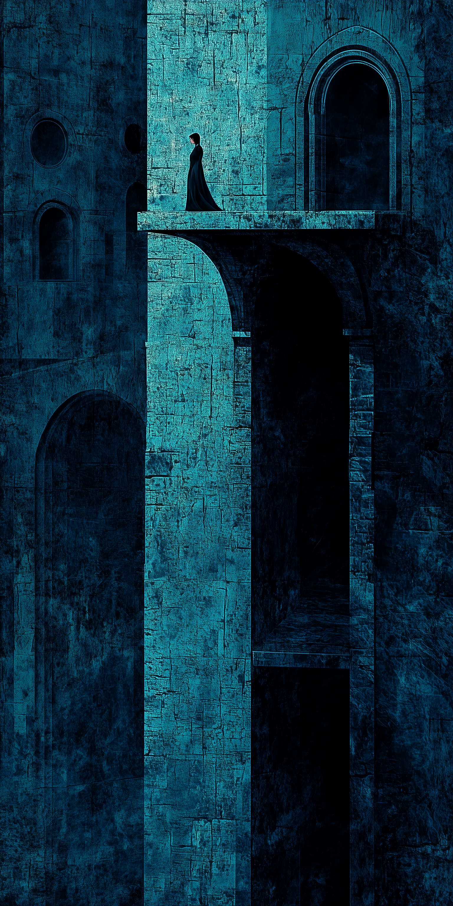 A solitary figure in a dark hooded robe standing on a ledge within a massive stone structure, facing toward the edge of the platform. The entire scene is bathed in deep blue monochromatic lighting that illuminates the weathered stone walls, multiple levels of arched openings, and architectural details. 