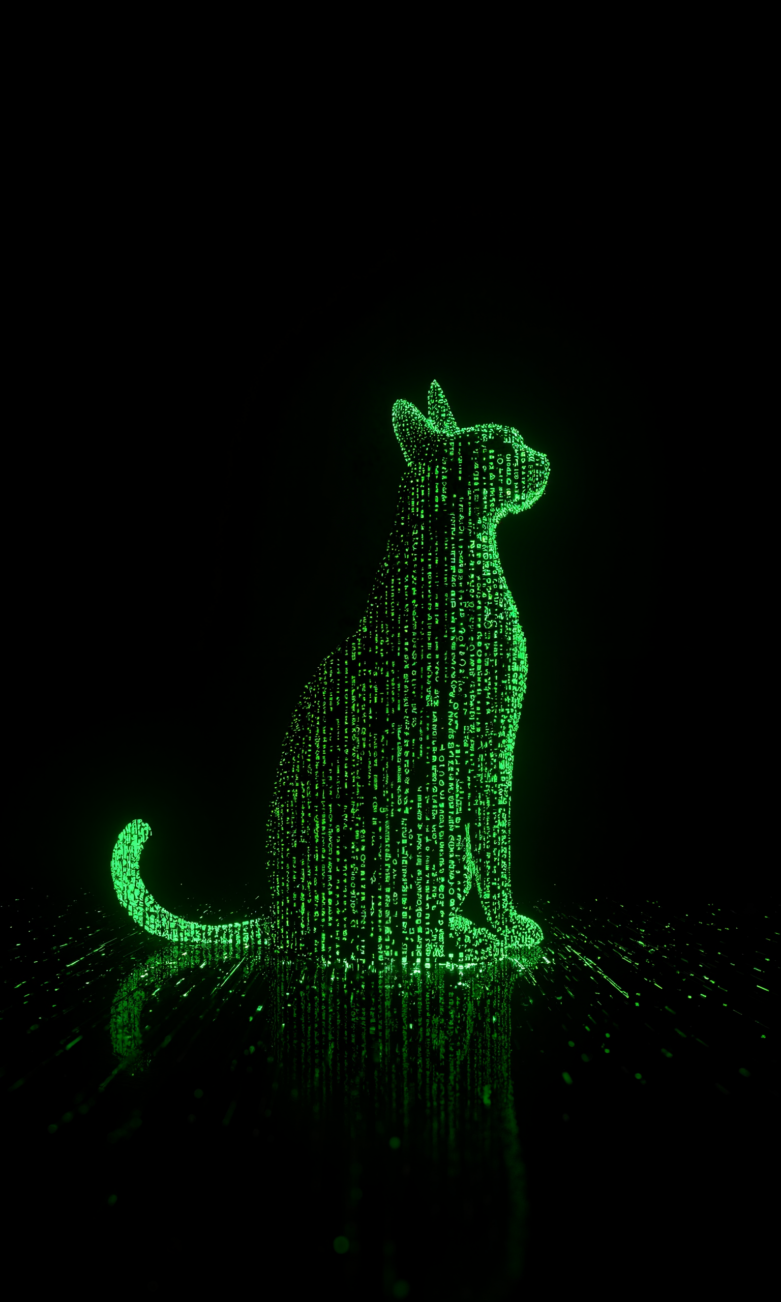 A glowing green outline of a sitting cat formed entirely from vertical streams of characters against a black background, with a faint mirrored reflection beneath it. Soft digital glow defines the ears, back, and tail while the cascading characters maintain distinct columns.