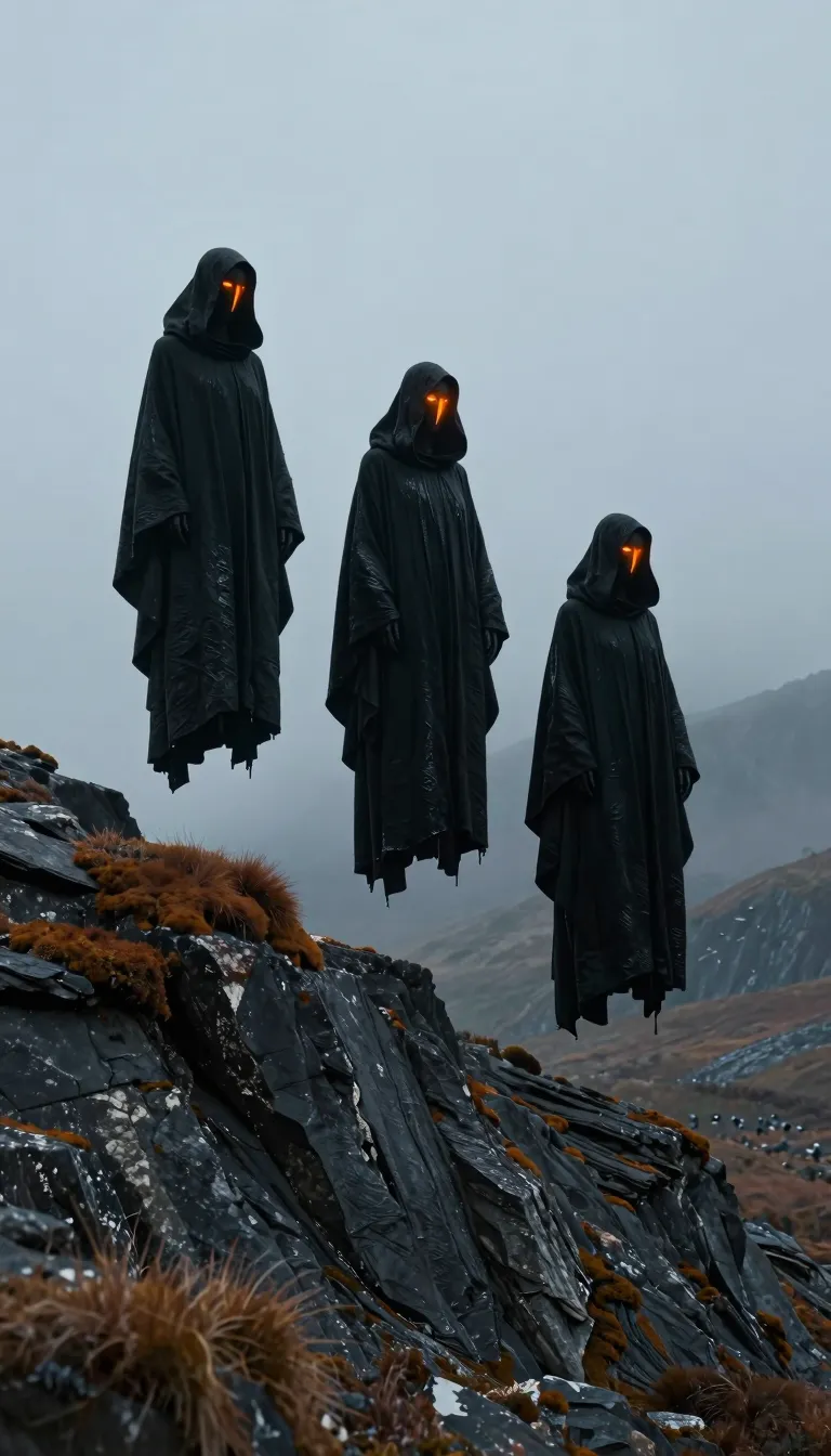 Three hooded figures in glossy dark robes levitating above rocky terrain covered sparsely in orange moss patches. Each figure has is wearing dark masks with glowing orange eye slits and lines down the center. The background features misty mountains under a gray overcast sky with soft ambient lighting.