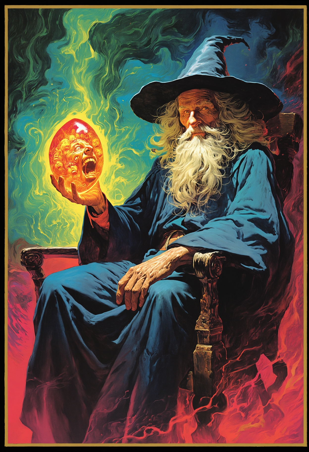 An elderly wizard seated on a carved wooden throne, wearing a pointed hat and a deep blue robe while holding a bright, fire‑colored, egg-shaped orb in one hand. The orb emits intense light and contains distorted human faces pressed against its surface. Swirling energy fills the space around the figure, shifting from green and yellow near the orb to darker reds and blues behind the throne. 