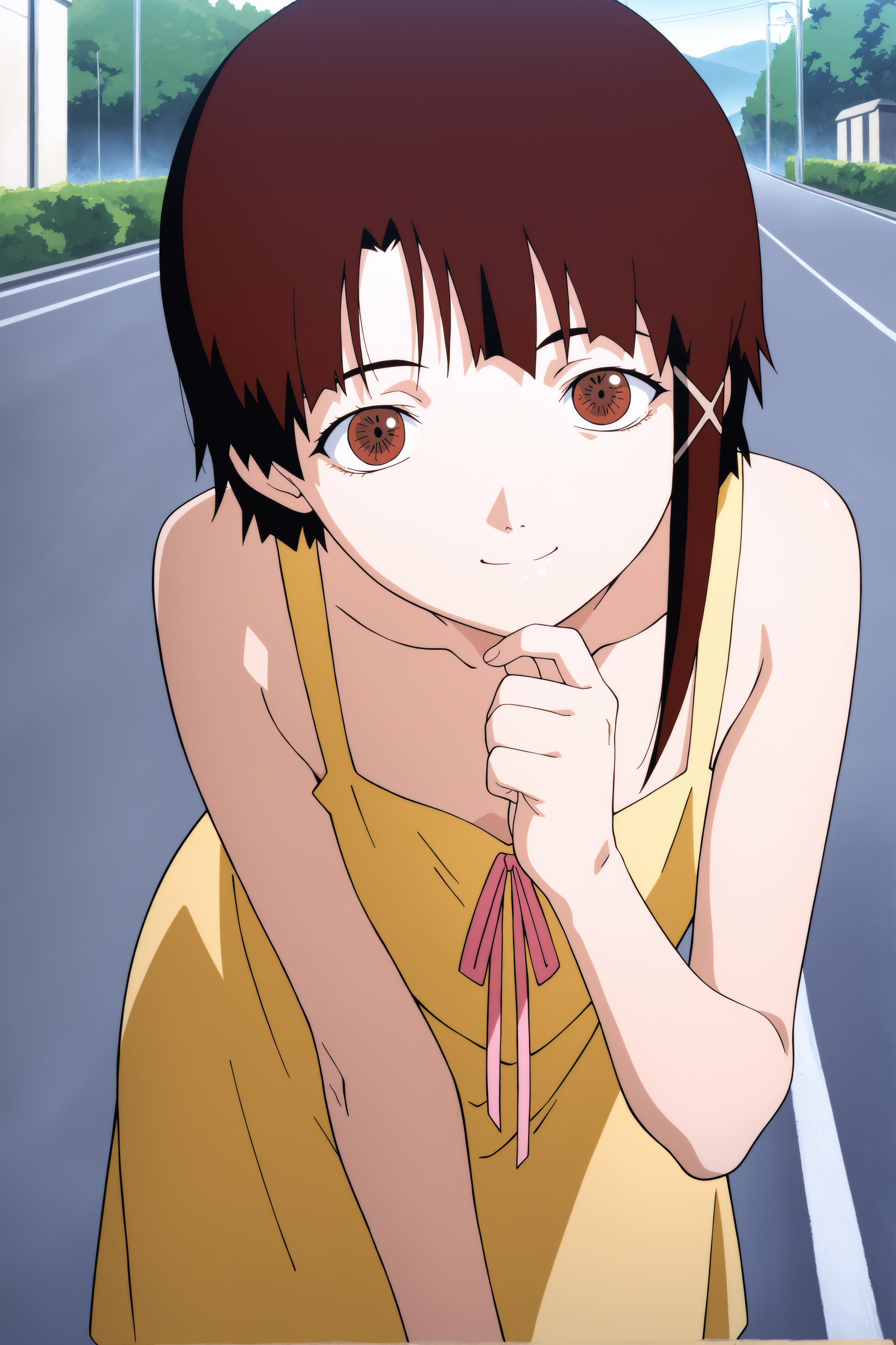 A girl with brown eyes and short, dark reddish-brown hair with straight-cut bangs and a silver clip with a small, closed-mouth smile, leaning forward with her right hand resting near her chin. She is wearing a sleeveless yellow dress with thin shoulder straps and a pink bow tied at the bust. She is standing on an empty, asphalt road bordered by sidewalks and utility poles on either side, which recede into the distance under an overcast sky and distant green hills in the background. 