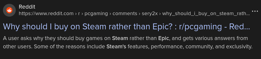 Screenshot of a DuckDuckGo search result showing an AI-generated search result description instead of any text from the Reddit post itself