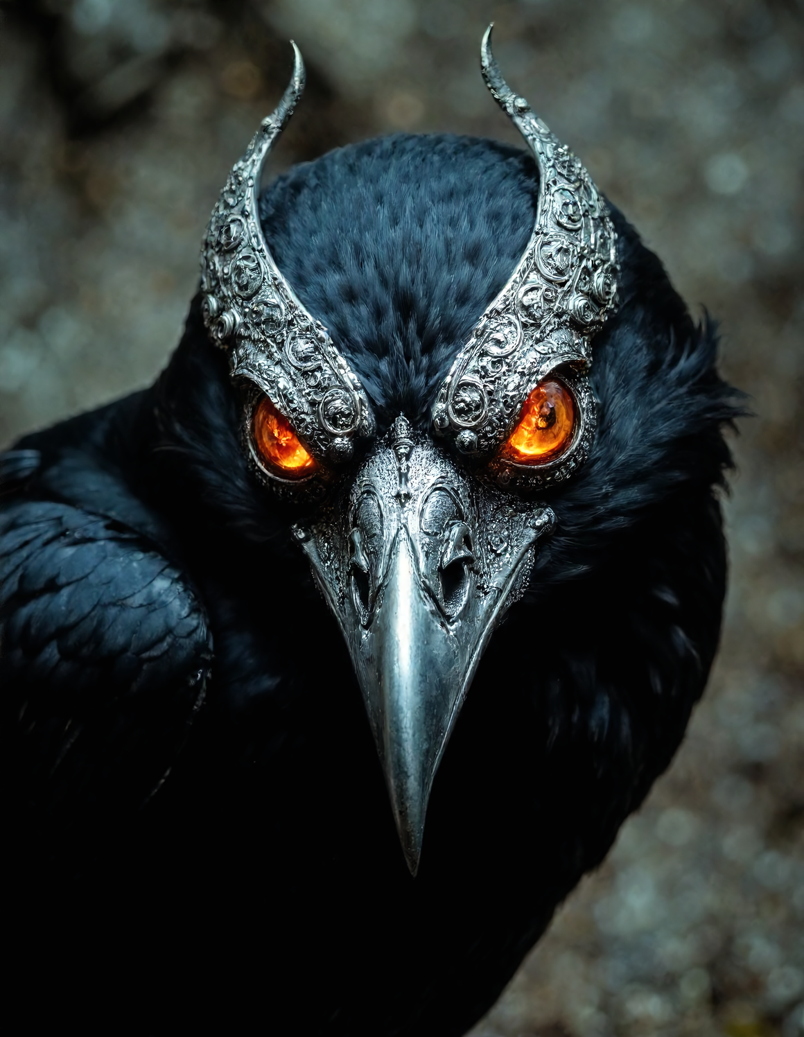 A close‑up shot a black bird with clouded, glowing orange eyes wearing an ornate metallic headpiece engraved with detailed patterns and extended horn‑like shapes, with a sharp metal beak completing the design. 