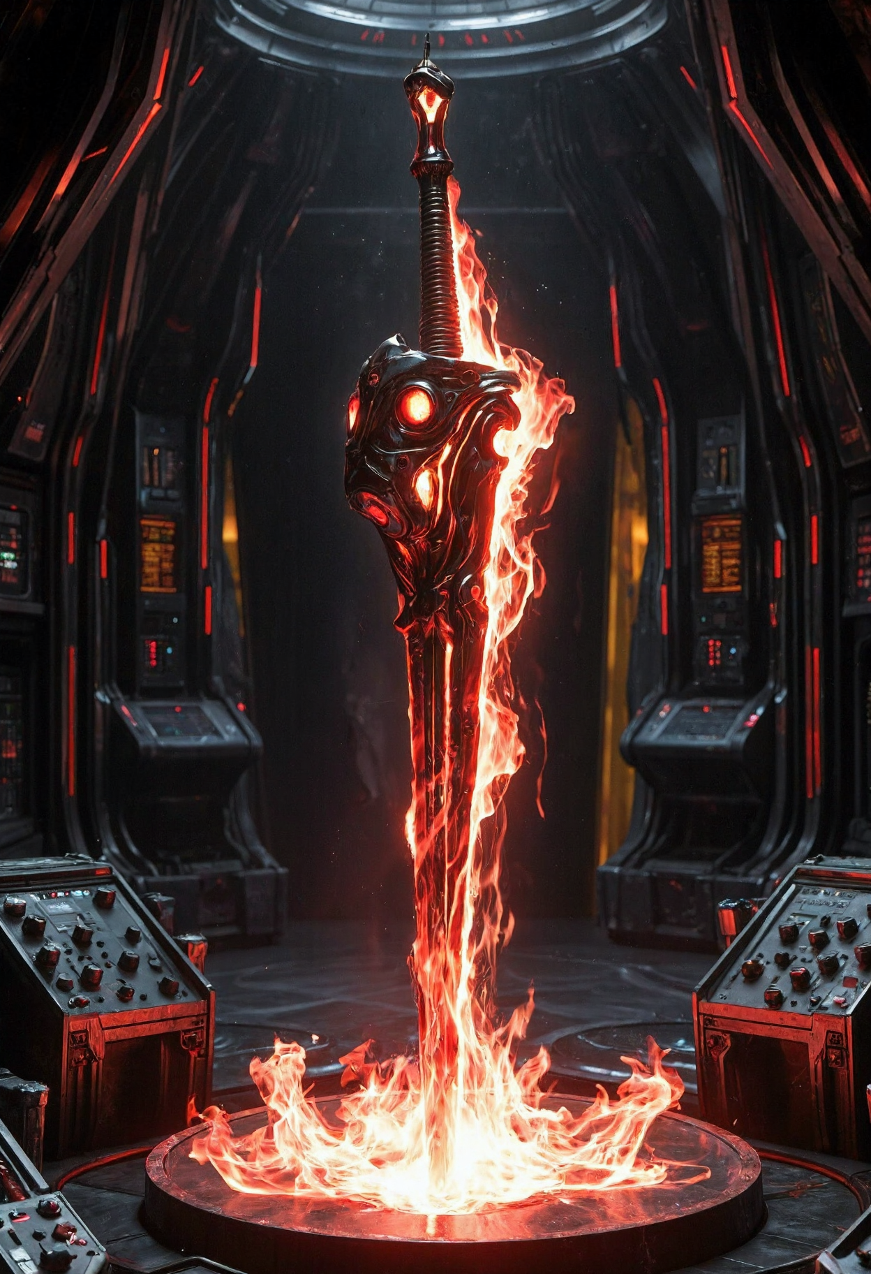 A futuristic, sci-fi setting with a central, dramatic focus on a glowing, fiery sword. The sword is black and engulfed in intense, orange flames. The background features advanced control panels and screens, with a predominantly black and red color scheme, enhancing the high-tech atmosphere. The lighting is dim, with the fiery sword illuminating its immediate surroundings with an orange glow. 