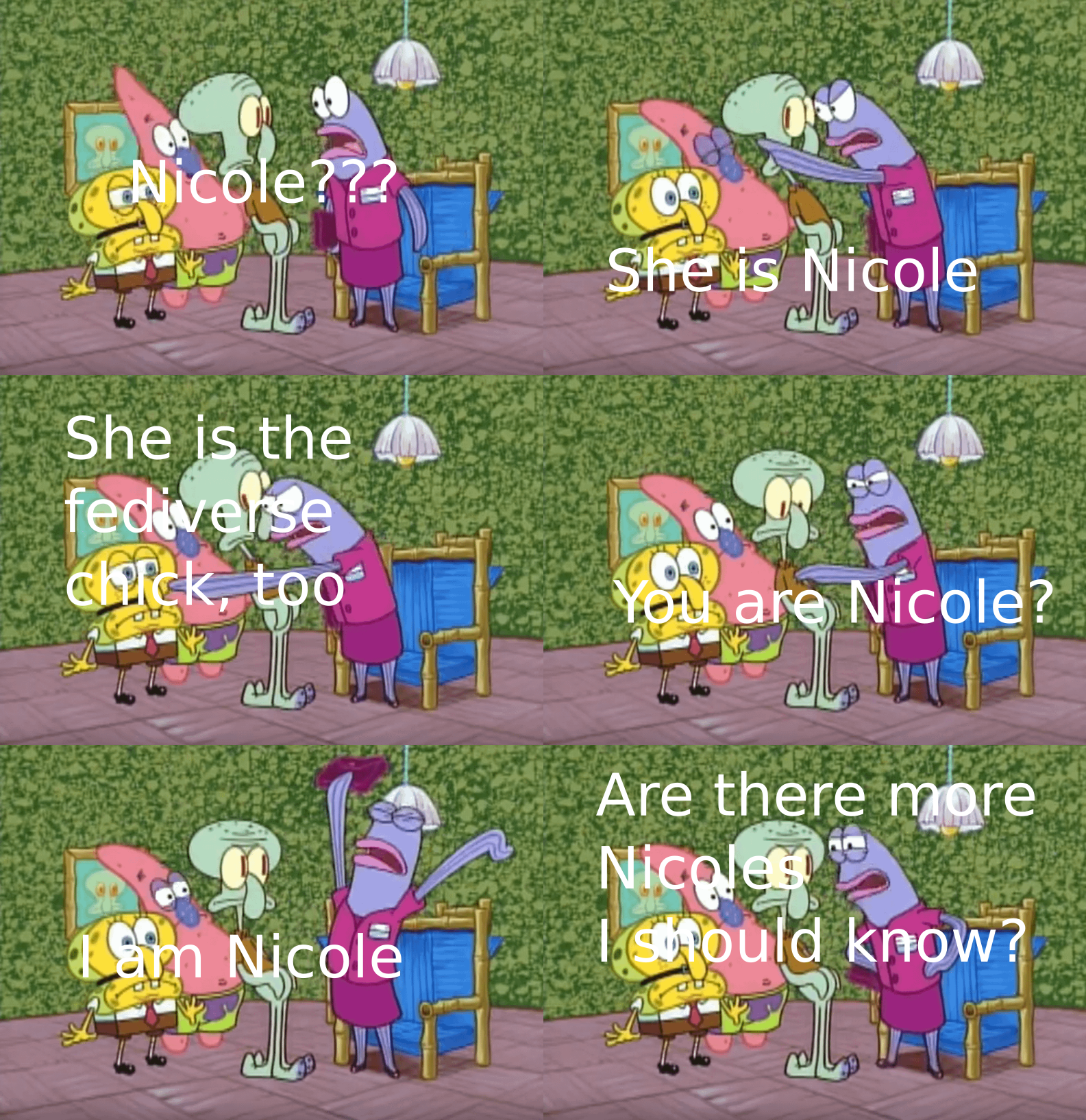Spongebob meme transformed to meme about the "fediverse chick Nicole"