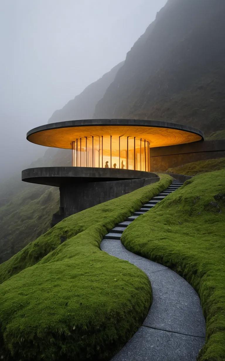 A wide shot of a modern circular building with a glowing yellow interior, perched on a lush green hillside. The structure features floor-to-ceiling glass windows and a flat, overhanging roof, elevated on a dark stone base. A winding stone path leads up to the building, and silhouettes of people are visible inside. The background consists of misty mountains and soft atmospheric fog. 