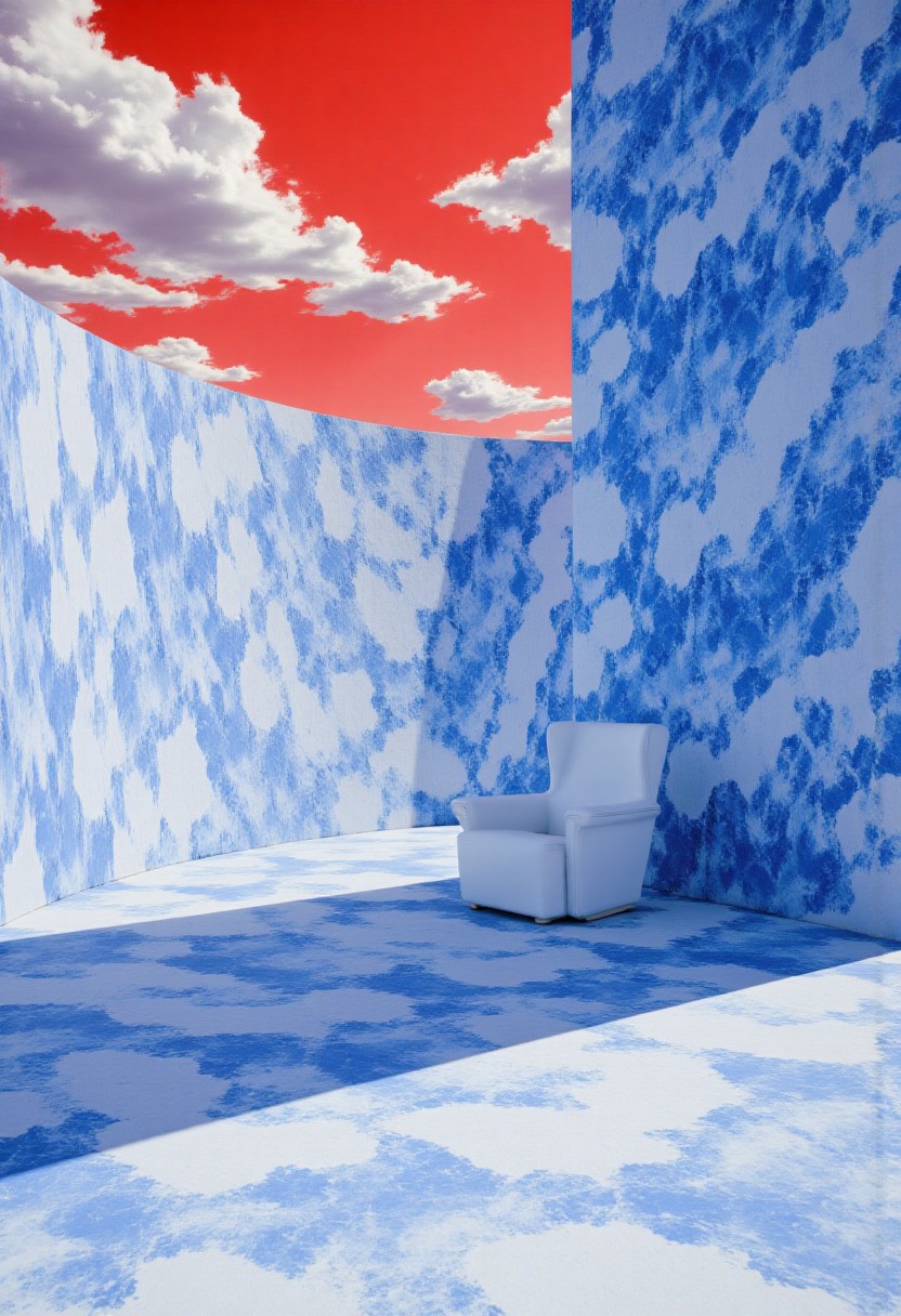 A surreal scene featuring a room with curved walls and floor covered in a blue-and-white cloud-like pattern, with a single white armchair sitting against a wall. Above, an open sky is vivid red with scattered white clouds, contrasting with the cooler tones below. 
