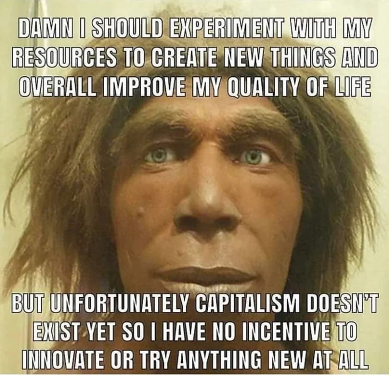 Alt Text: Image of a recreation of an early human.

Top Text: Damn I should experiment with my resources to create new things and overall improve my quality of life

Bottom Text: But unfortunately capitalism doesn't exist yet so I have no incentive to innovate or try anything new at all