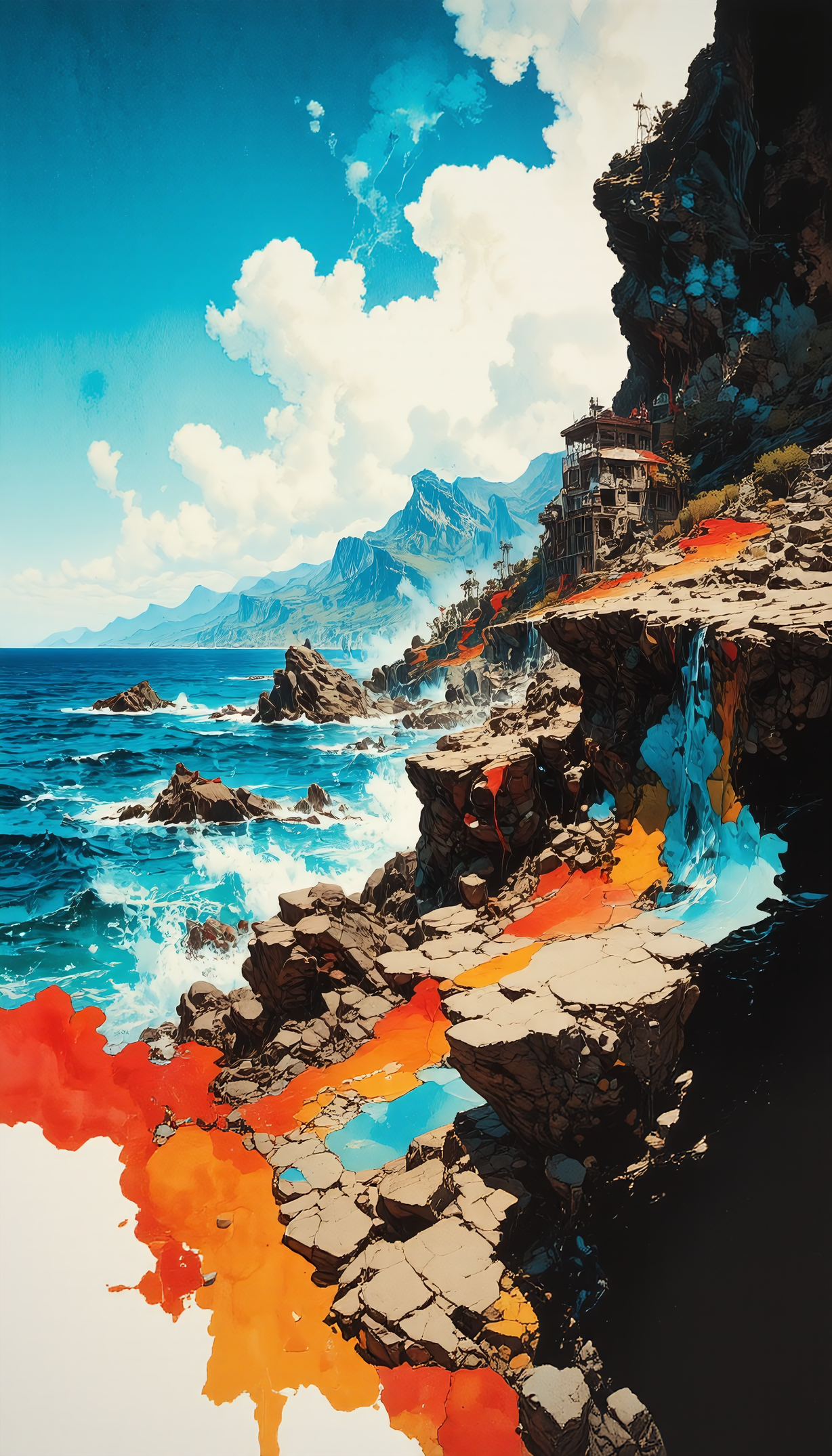 A wide shot of a dramatic coastal landscape featuring steep rocky cliffs meeting turbulent blue ocean waters crashing against scattered rocks. A multi-story structure sits perched on the clifftop among dark rocky terrain. Distant blue mountains rise across the water under a bright blue sky filled with large white cumulus clouds. Bold, abstract paint splashes of red, orange, yellow, and blue pigments are visible throughout the landscape, flowing down the cliff face in the foreground and. The artistic overlay effect contrasts sharply with the naturalistic rendering of the landscape, with the paint appearing to drip and flow, bleeding into the water and spreading across a white corner of canvas.