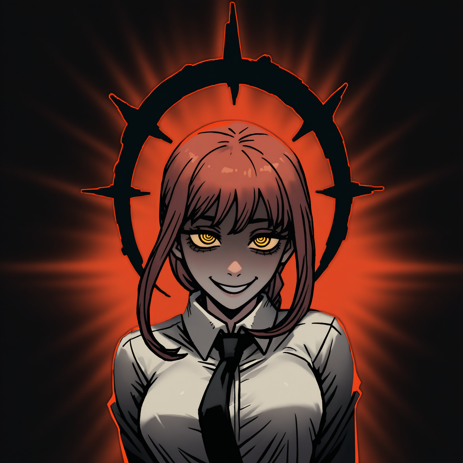 A woman with yellow eyes, long, straight, red hair with bangs that covering her forehead. She is wearing a white, button-up shirt and a black tie. Her expression is a sinister smile with a hint of malice. Behind her head, there is a large, dark, halo-like symbol with spikes emanating from it. The background is a burst of deep red beams radiating from behind her on a black background, giving the image a menacing atmosphere. 